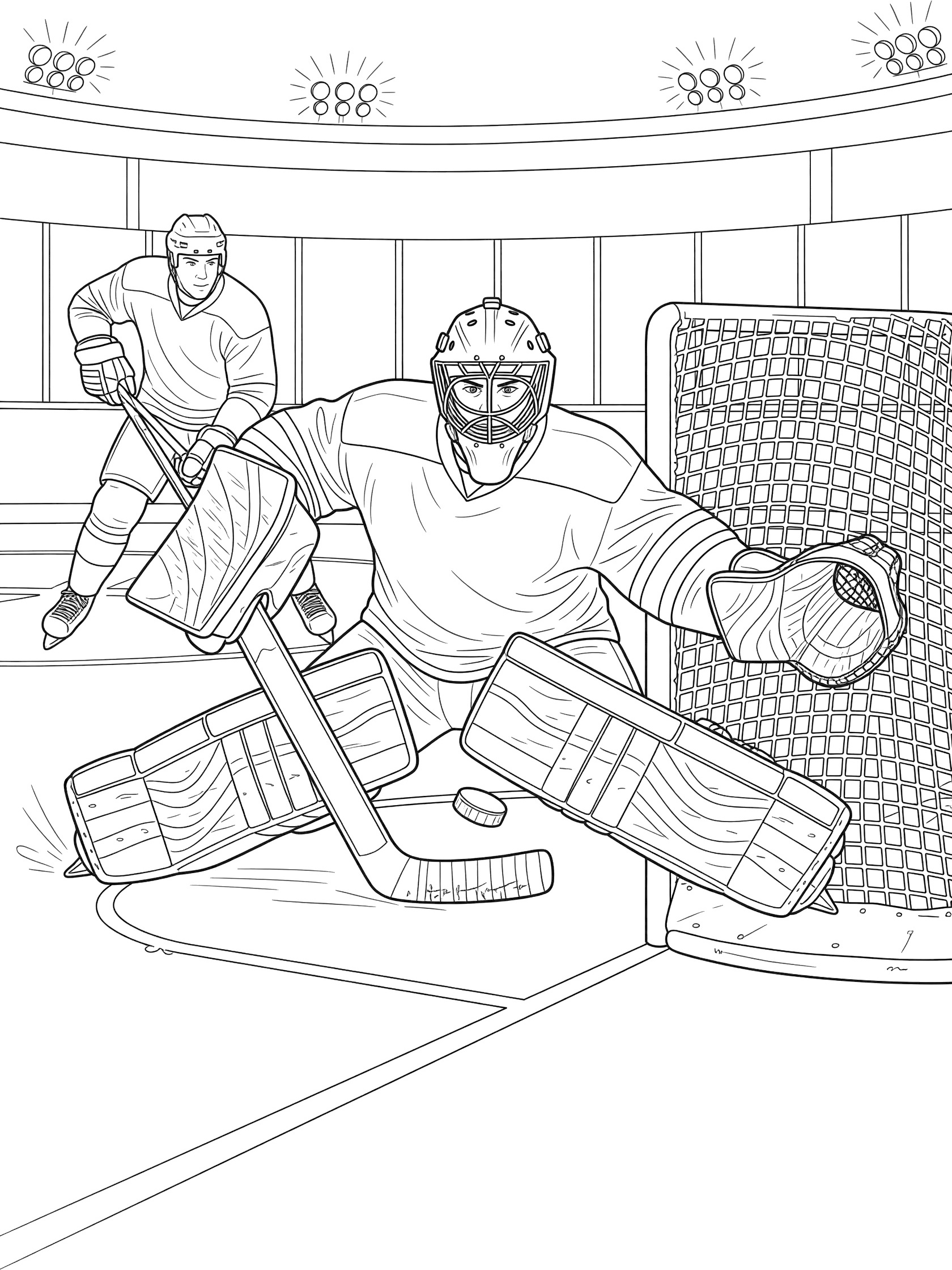 Line art coloring page showing a hockey goaltender sprawling to block a puck shot by an opposing player near the goal net in an ice rink.