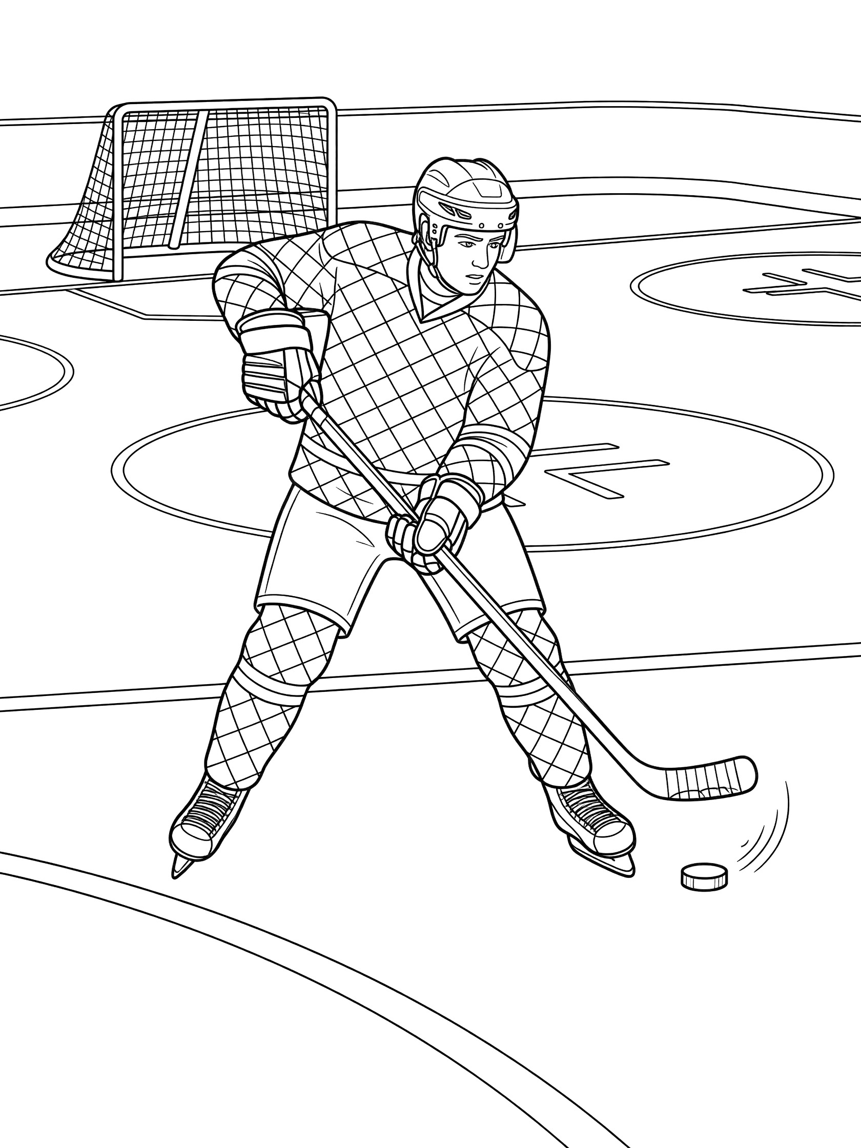 Hockey player wearing checkered hockey jersey blocks incoming puck with raised stick on ice rink coloring page