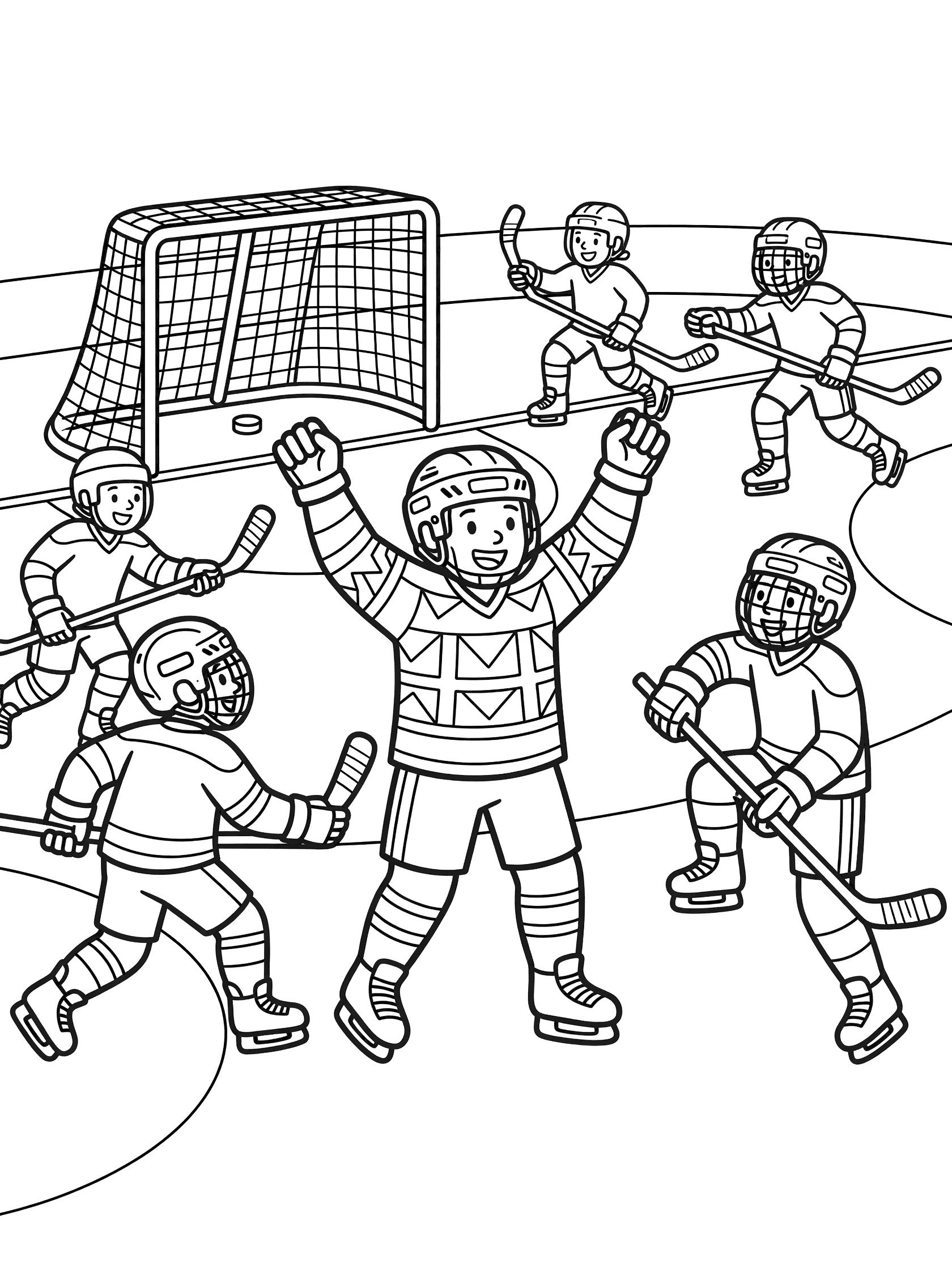 Black-and-white coloring page of hockey player in patterned jersey celebrating goal with arms raised, puck in net, teammates skating over on rink.