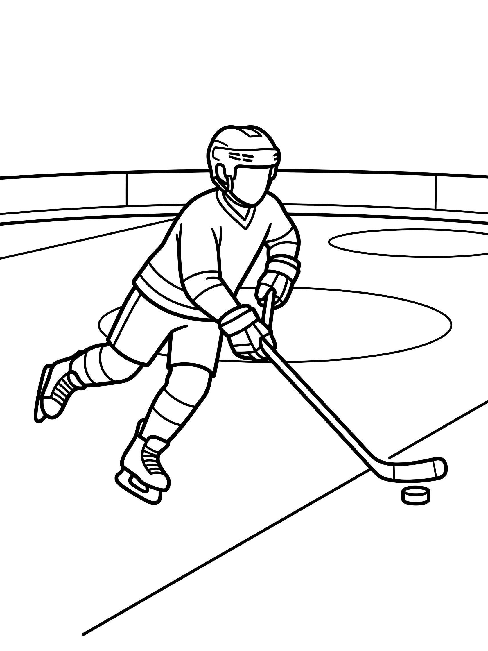 Black-and-white line drawing of hockey player in skates gliding backward on ice rink with crossed leg, holding stick near puck, rink markings visible.