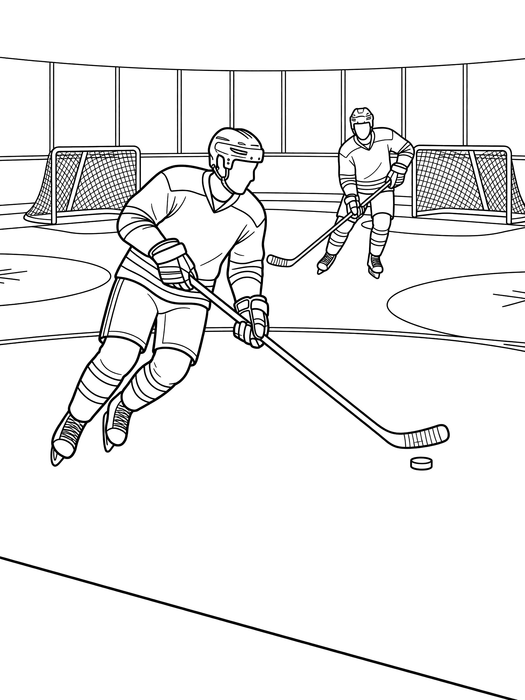 Black and white line art of a hockey player in a numbered jersey passing the puck while skating, with a teammate, ice rink, goals, and boards