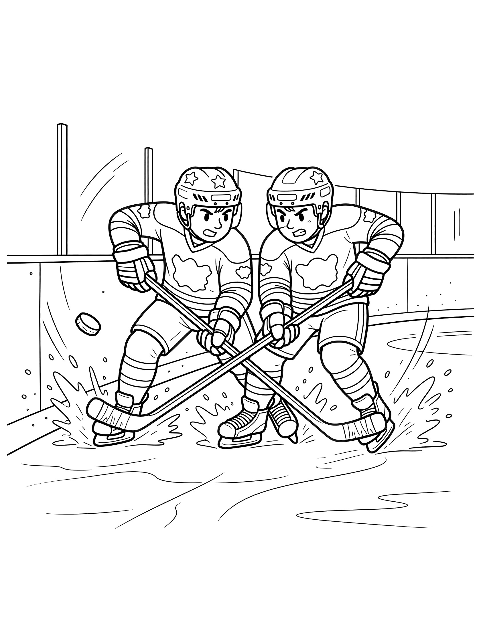 Black and white coloring page of two hockey players in jerseys and helmets checking along the boards, sticks reaching for puck, ice chips flying from skates.