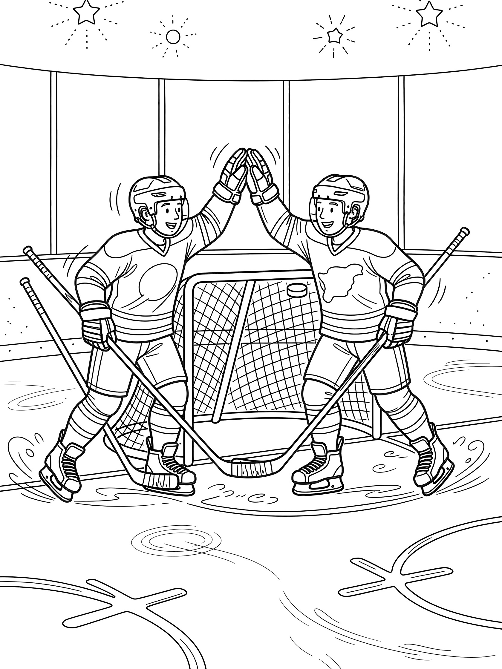 Black and white line art of two smiling hockey players in jerseys and helmets high-fiving beside a hockey net on ice rink with puck in net, sticks, and skate marks