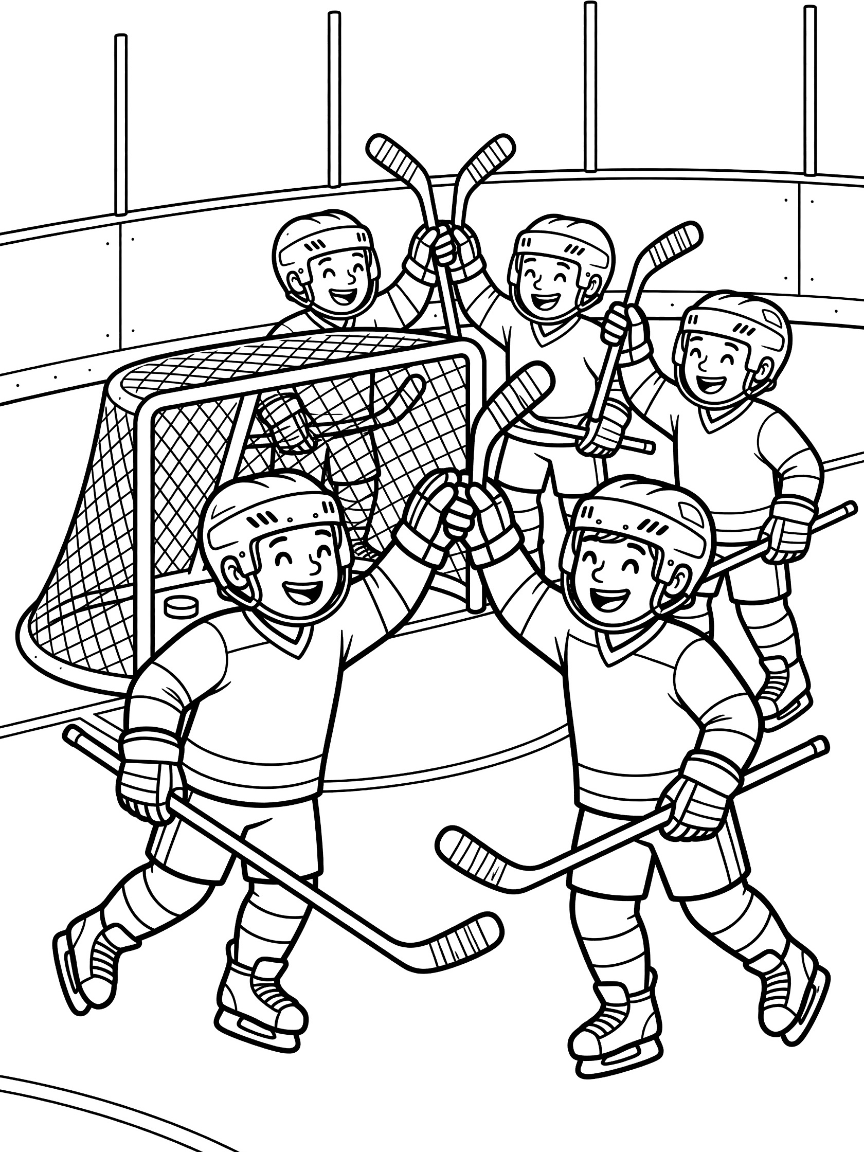 Black and white coloring page showing a group of joyful hockey players in helmets and skates high-fiving sticks after scoring a goal on the ice rink with net and puck visible.
