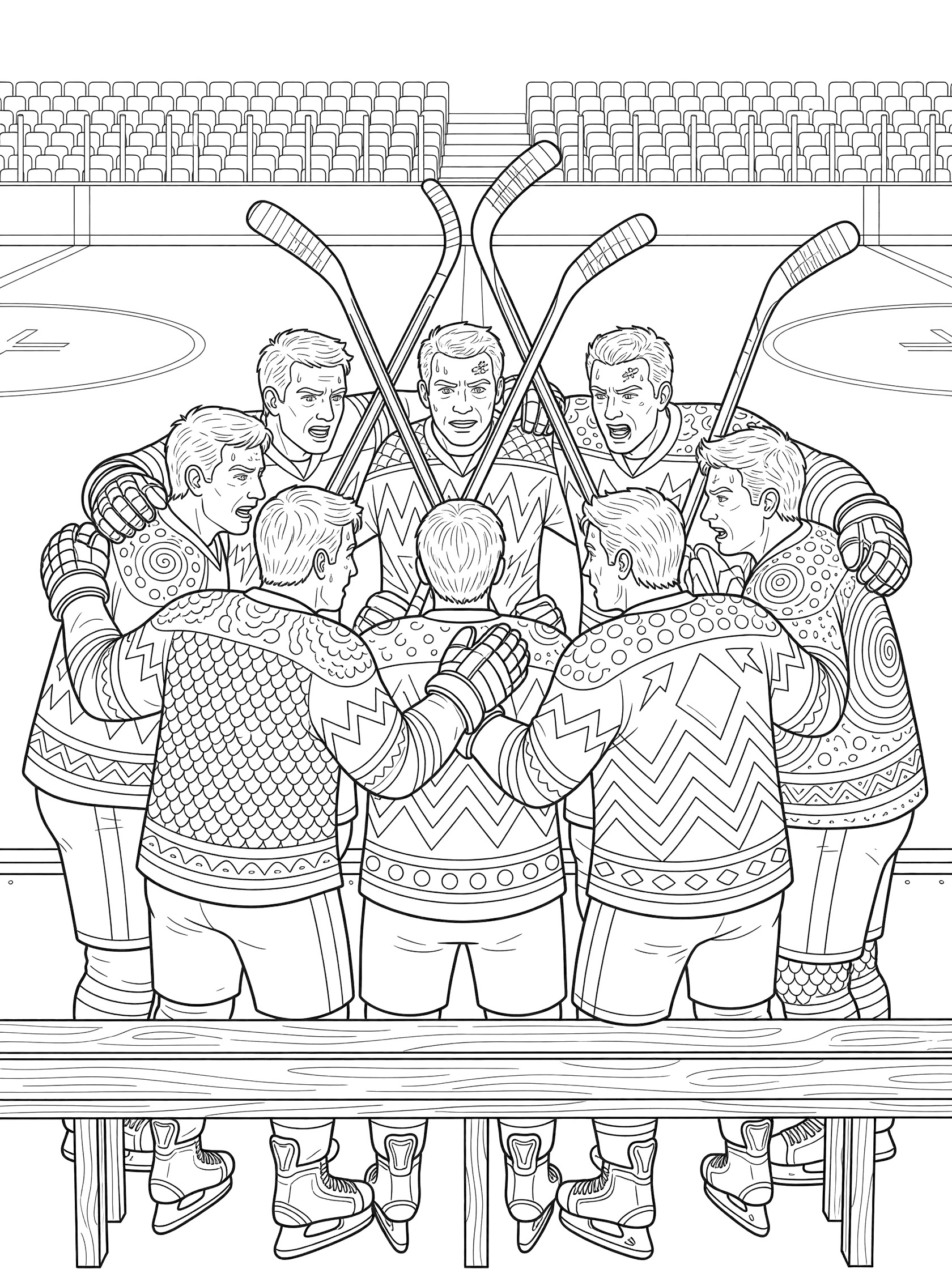 Black and white line art of hockey team in assorted jerseys huddling on bench, helmets off, sticks crossed, arena background.