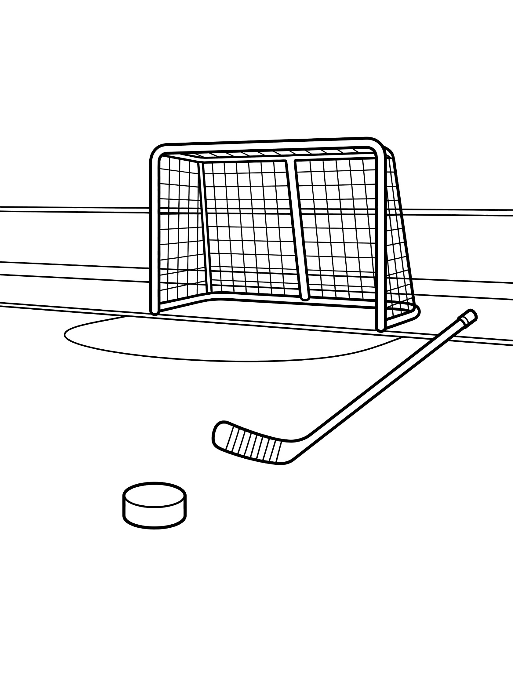 Black and white line art of a hockey puck on ice rink with nearby hockey stick and goal net