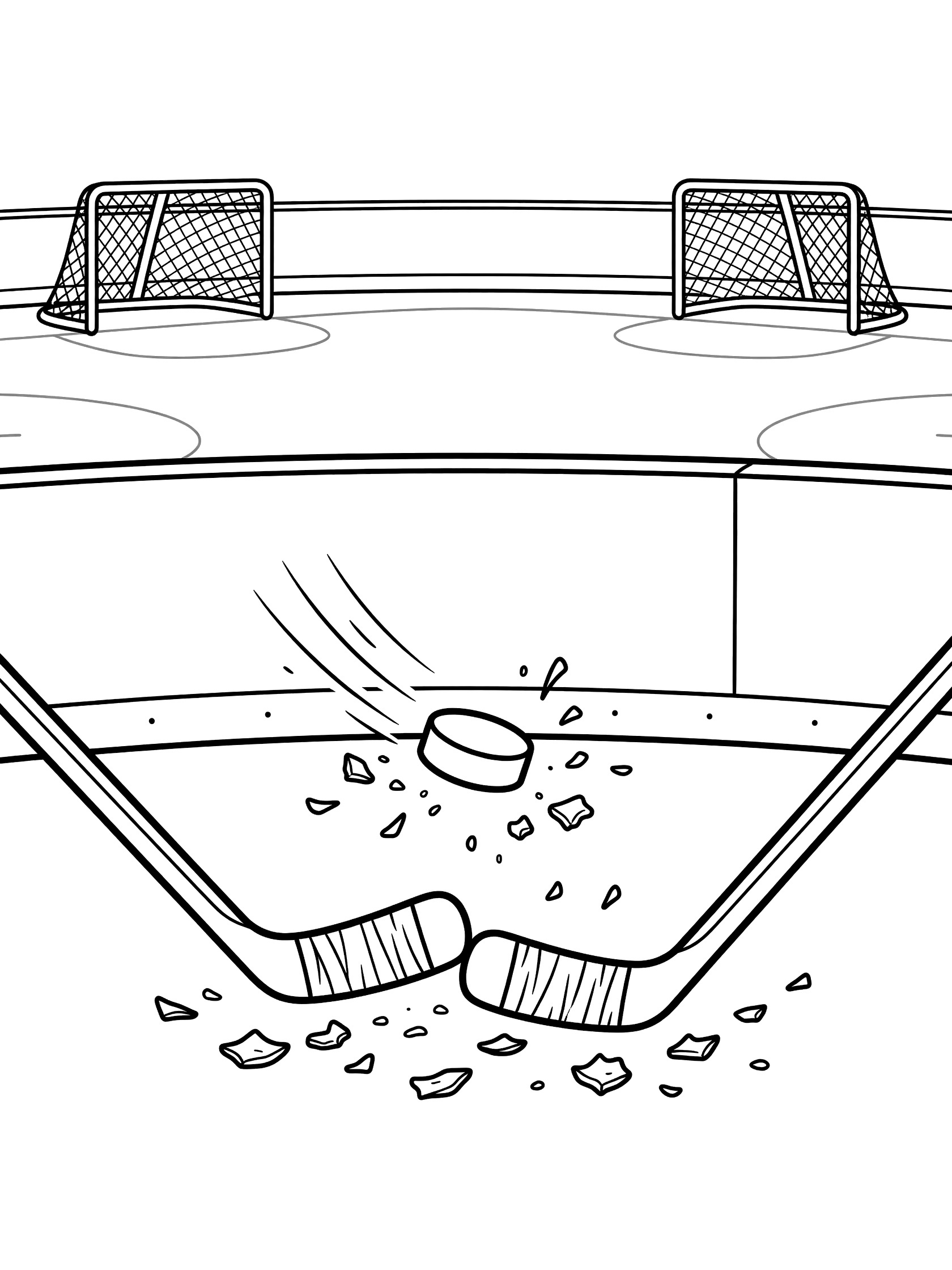 Line art coloring page showing a hockey puck bouncing off curved rink boards, ice shavings flying, hockey sticks crossing in front, and goal nets at each end