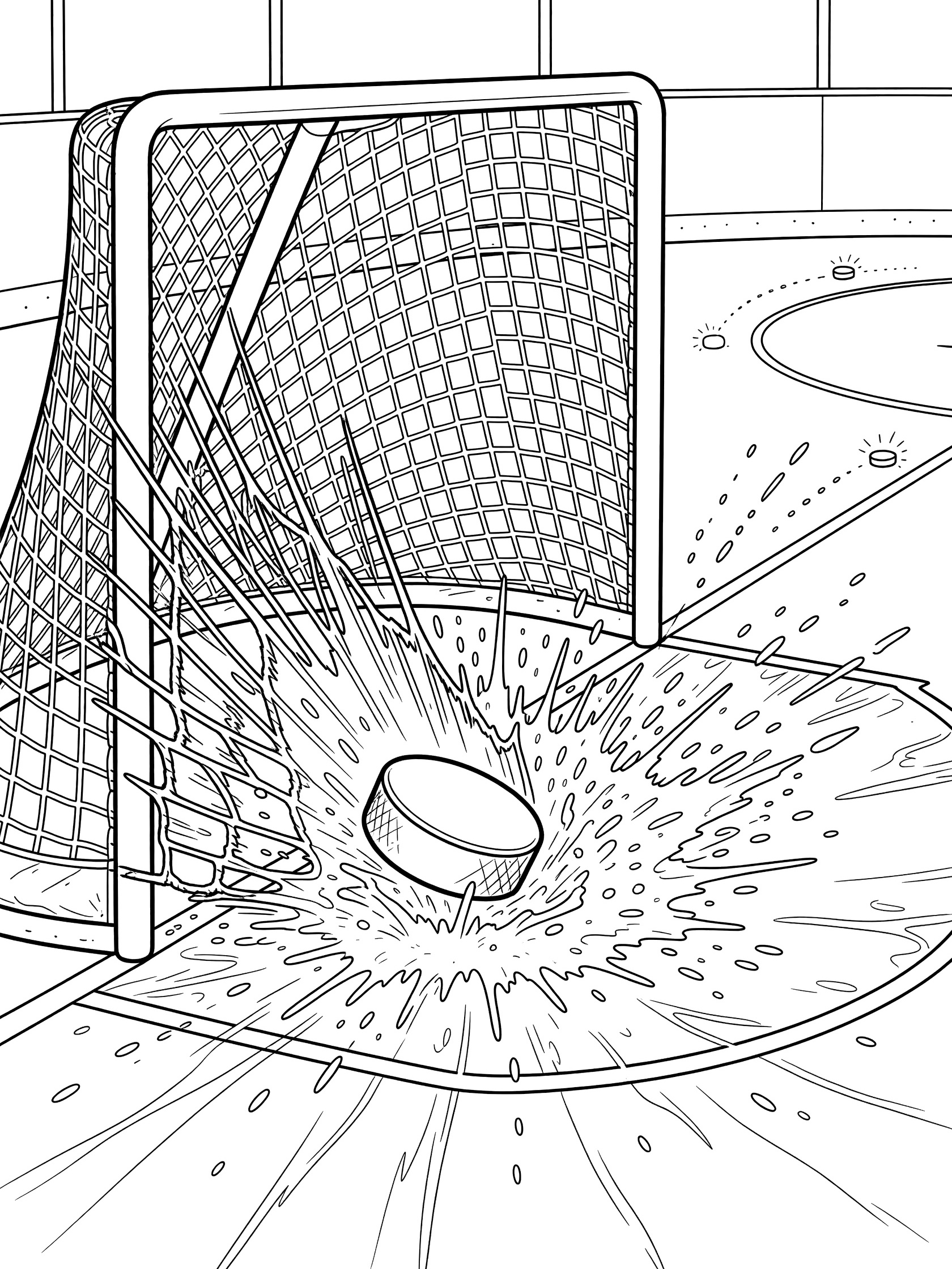 Line art coloring page showing a hockey puck dramatically bursting into a hockey net on an ice rink with detailed mesh, posts, and flying ice bits.