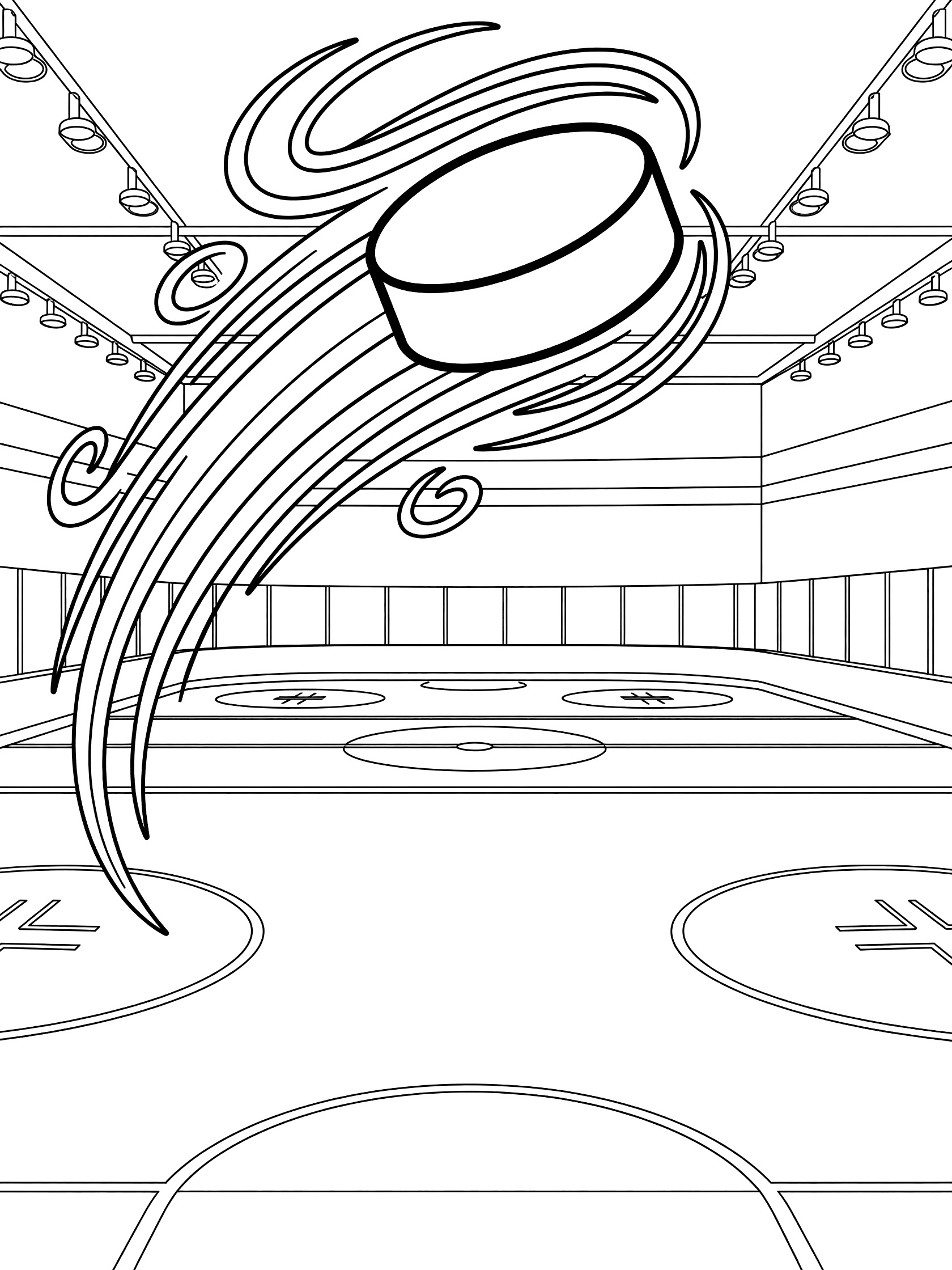 Black and white coloring page showing a hockey puck soaring through the air with motion trails over an indoor ice hockey rink, arena lights overhead and rink markings below.