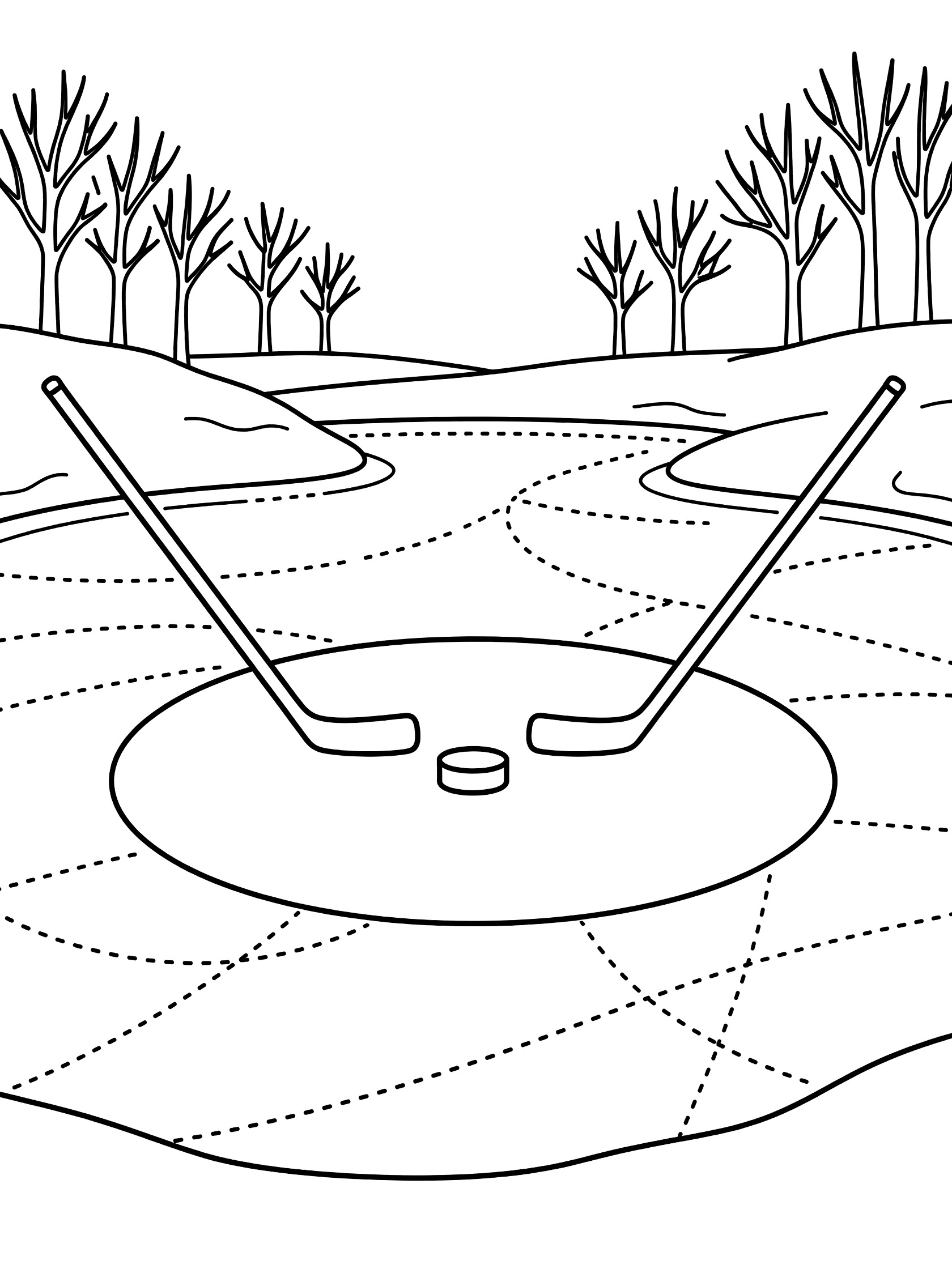 Black-and-white line art of a hockey puck centered in a face-off circle on a frozen pond with two hockey sticks, dotted ice lines, smooth patches, distant snowy banks, and bare trees.