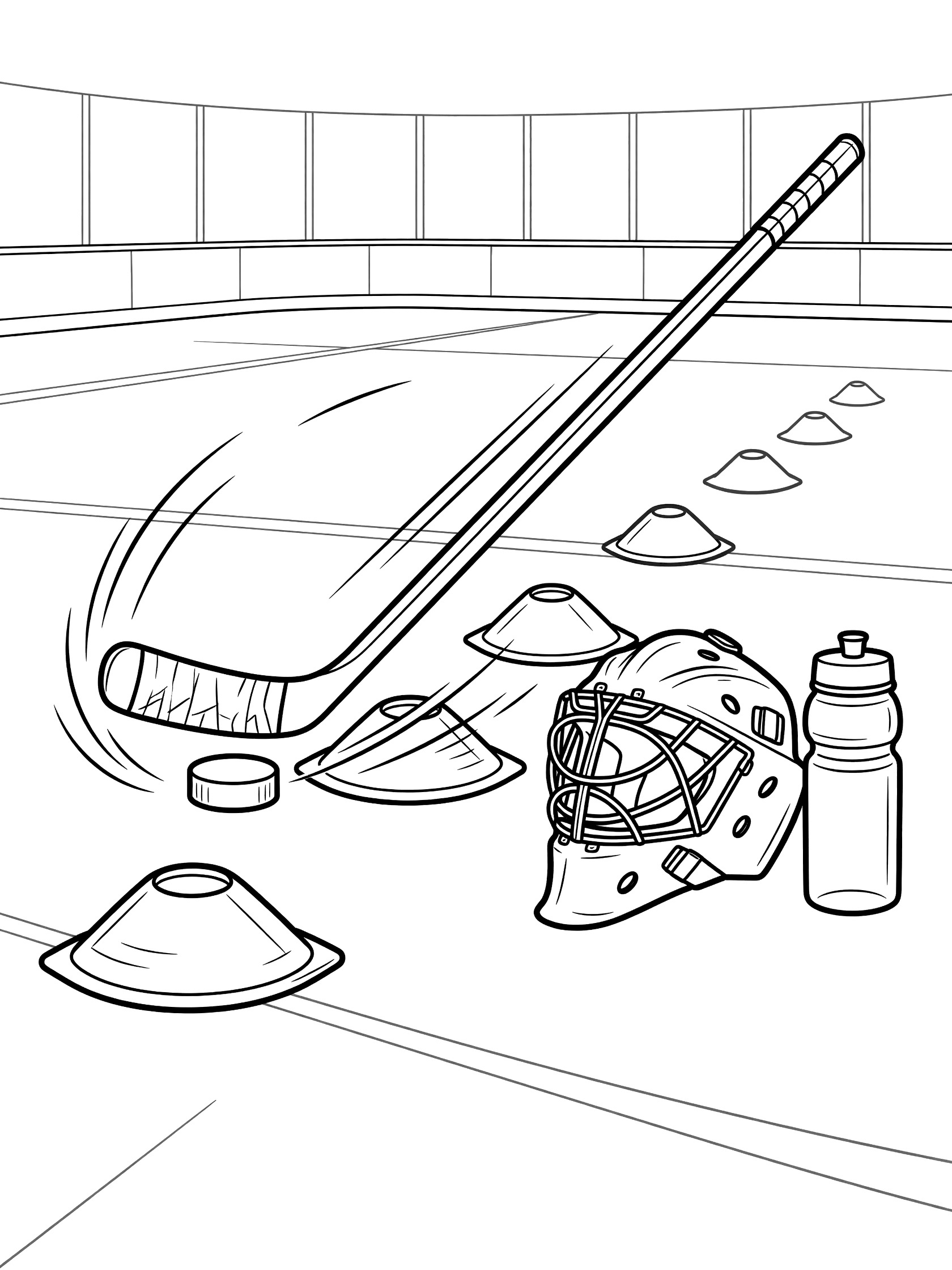 Black and white coloring page of a hockey stick curving around orange cones with puck, goalie mask and water bottle on indoor rink