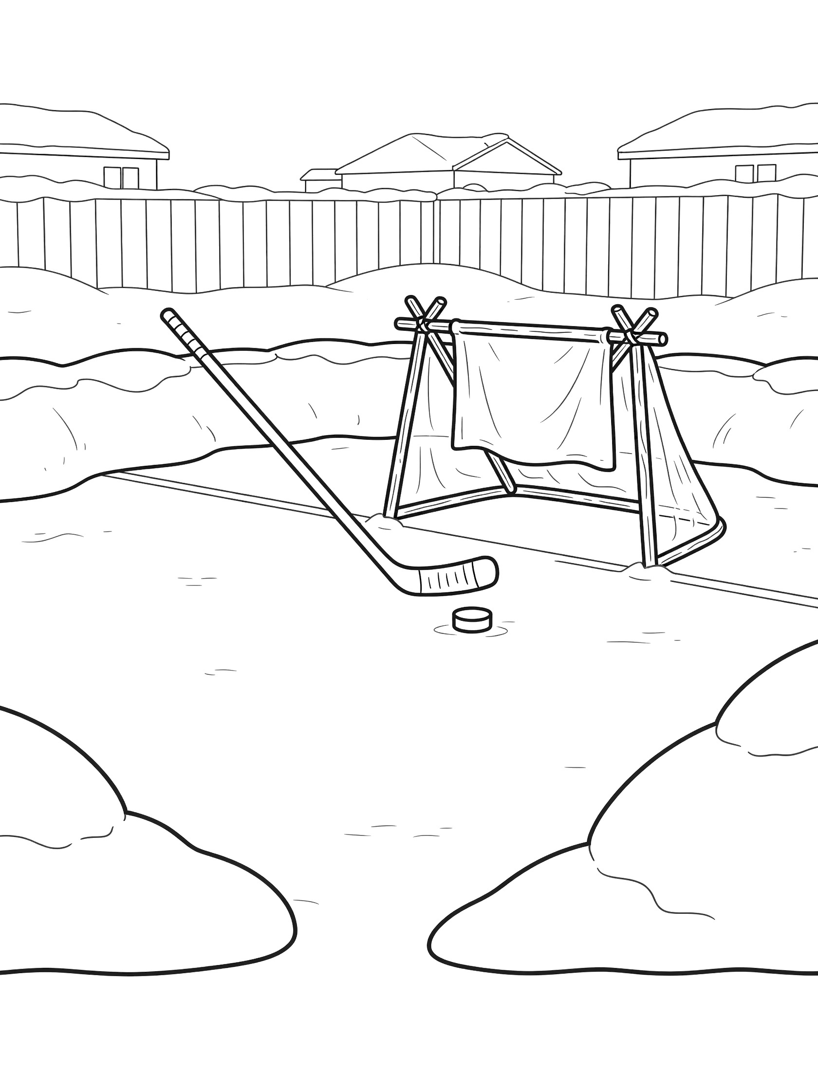 Black and white coloring page showing a hockey stick in a wrist shot position hitting a puck toward a backyard rink net made of sticks and cloth, with snowbanks and neighborhood background.