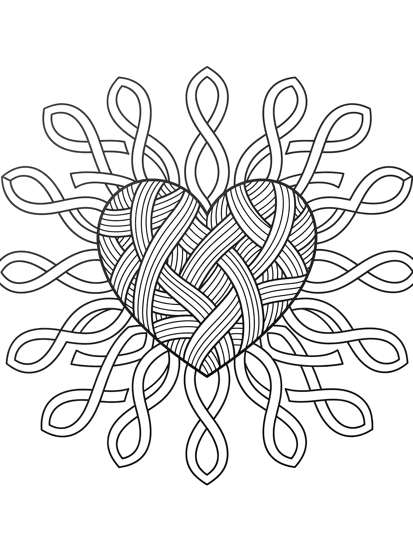 Black and white printable coloring page of a large heart made from Hollibaugh Zentangle patterns with overlapping ribbons and branching loops.