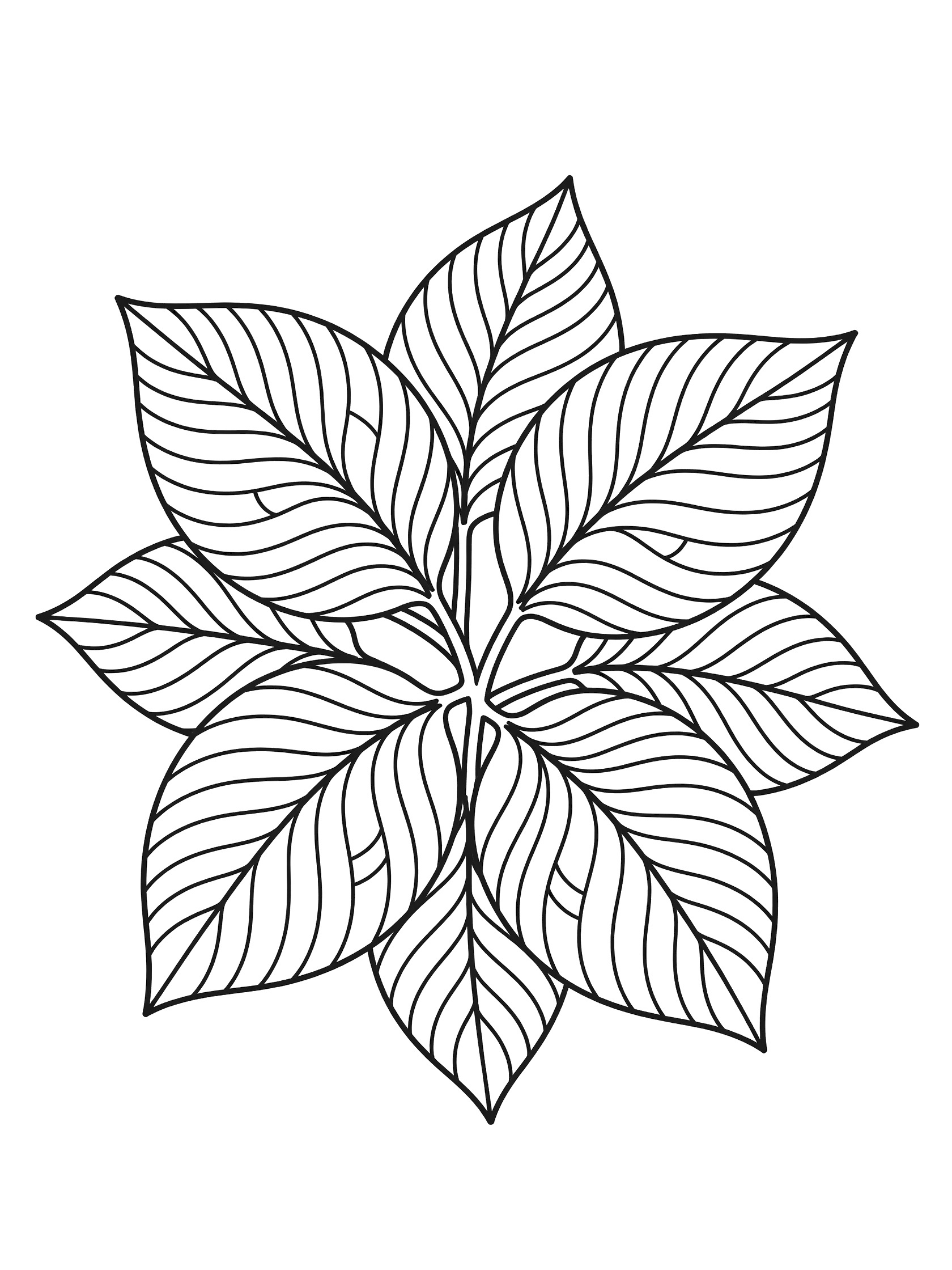 Simple line art coloring page showing a cluster of five large rounded leaves in Hollibaugh pattern with woven curved lines and soft vine connections on white background.