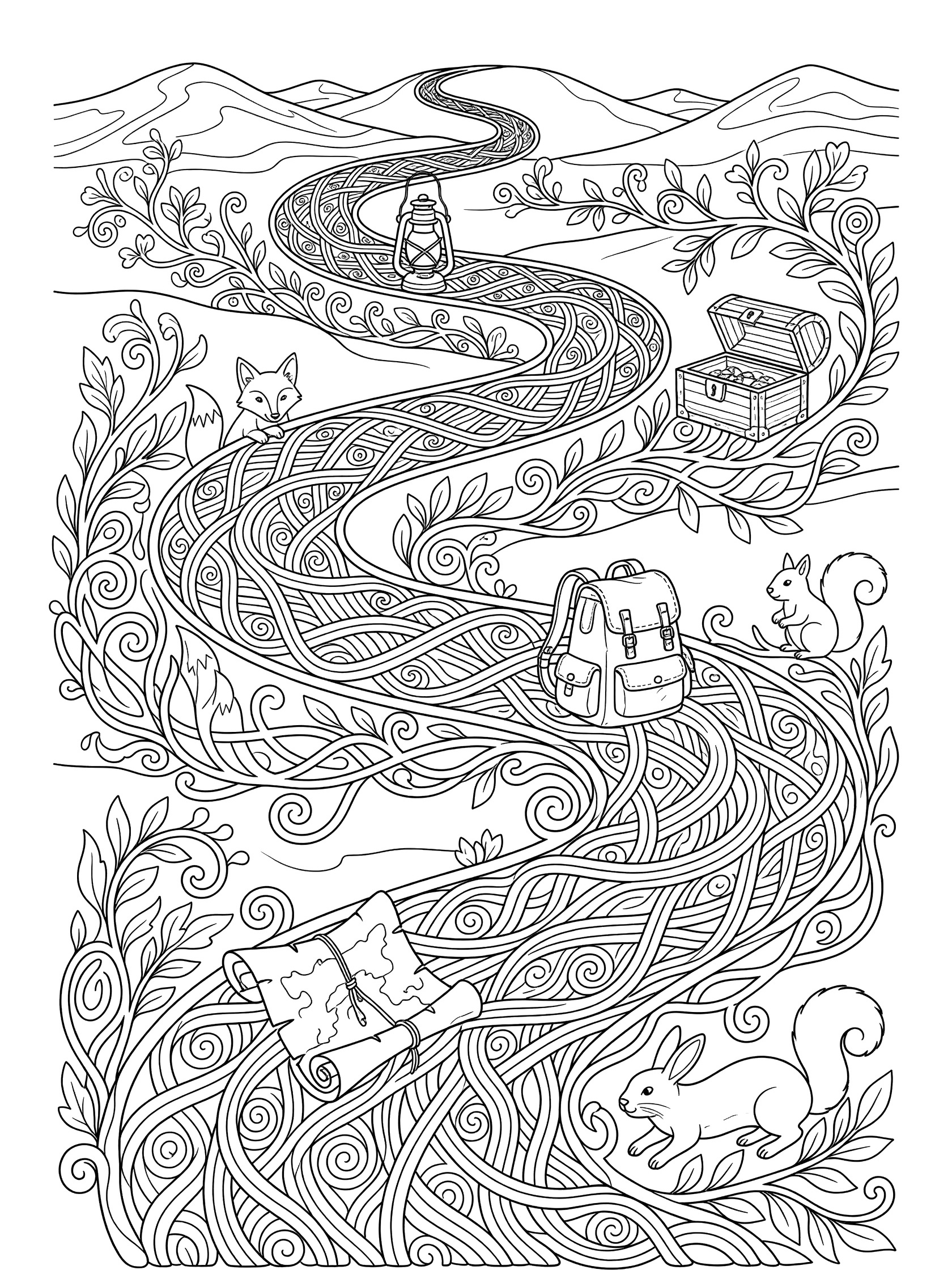 Black and white line art coloring page of a Hollibaugh pattern path adventure featuring a winding trail with backpack, rolled map, lantern, treasure chest, cat, squirrel, rabbit, vines, foliage, and distant hills.