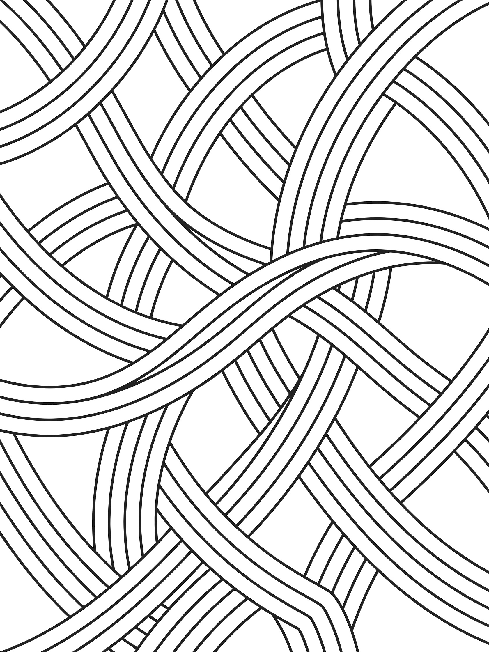 Black and white Hollibaugh Zentangle coloring page with bundles of parallel curved lines weaving over and under each other