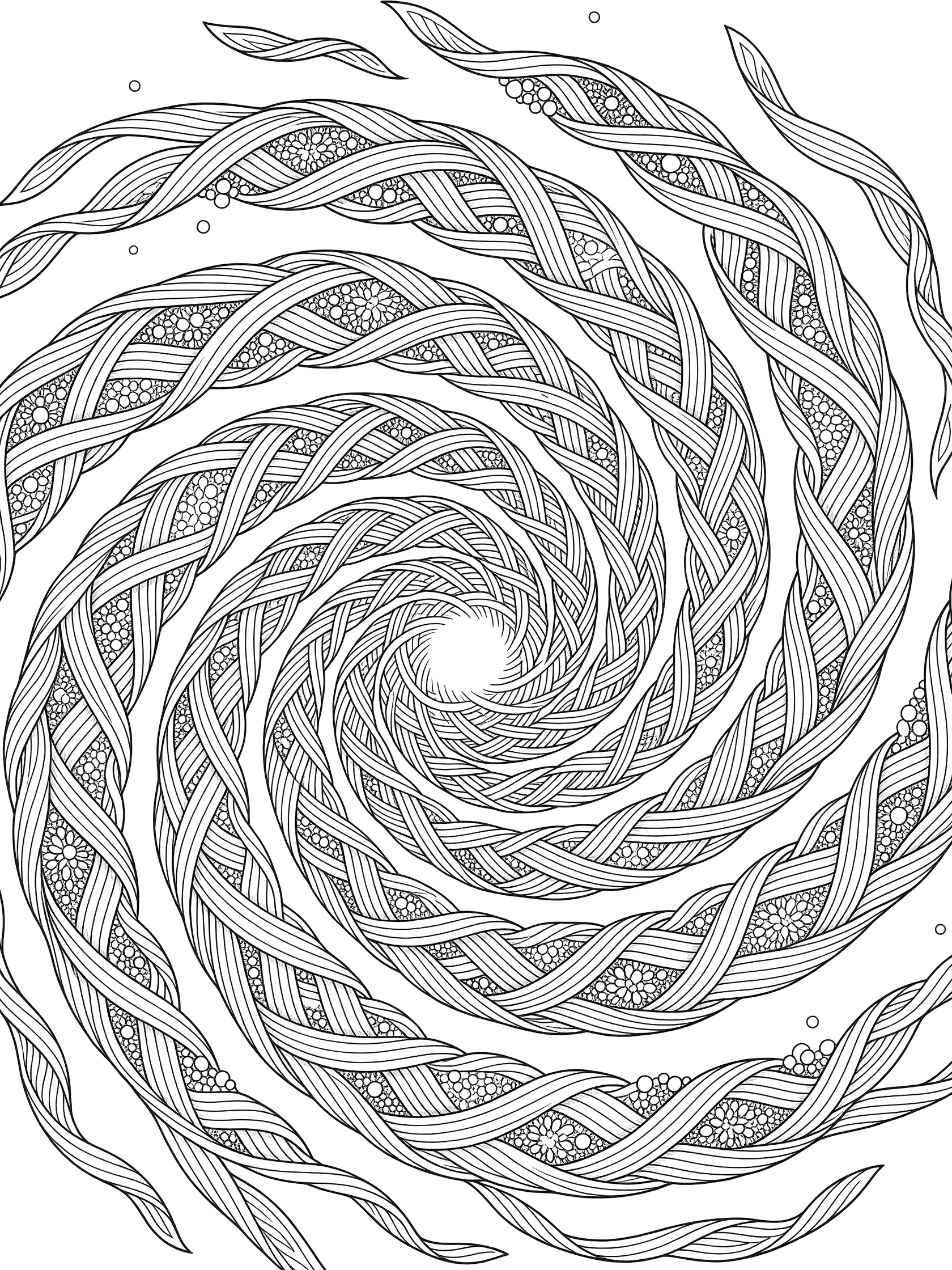 Black-and-white Hollibaugh spiral galaxy coloring page with interlocking diagonal ribbons forming swirling arms and a dense center core.