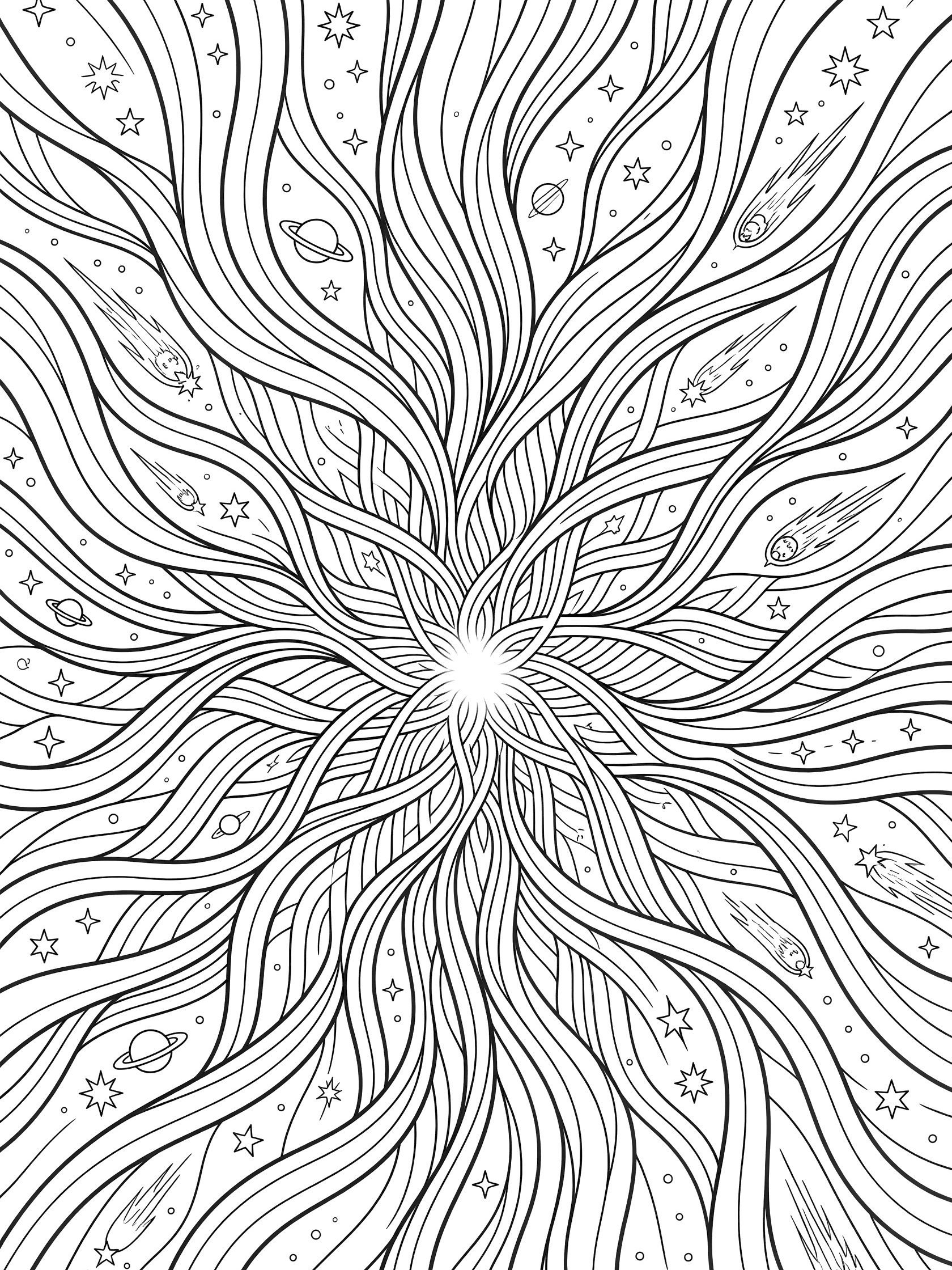 Intricate Hollibaugh starburst pattern coloring page radiating from center with overlapping ribbon bands, starry points, orbiting planets, and comet trails in space theme.