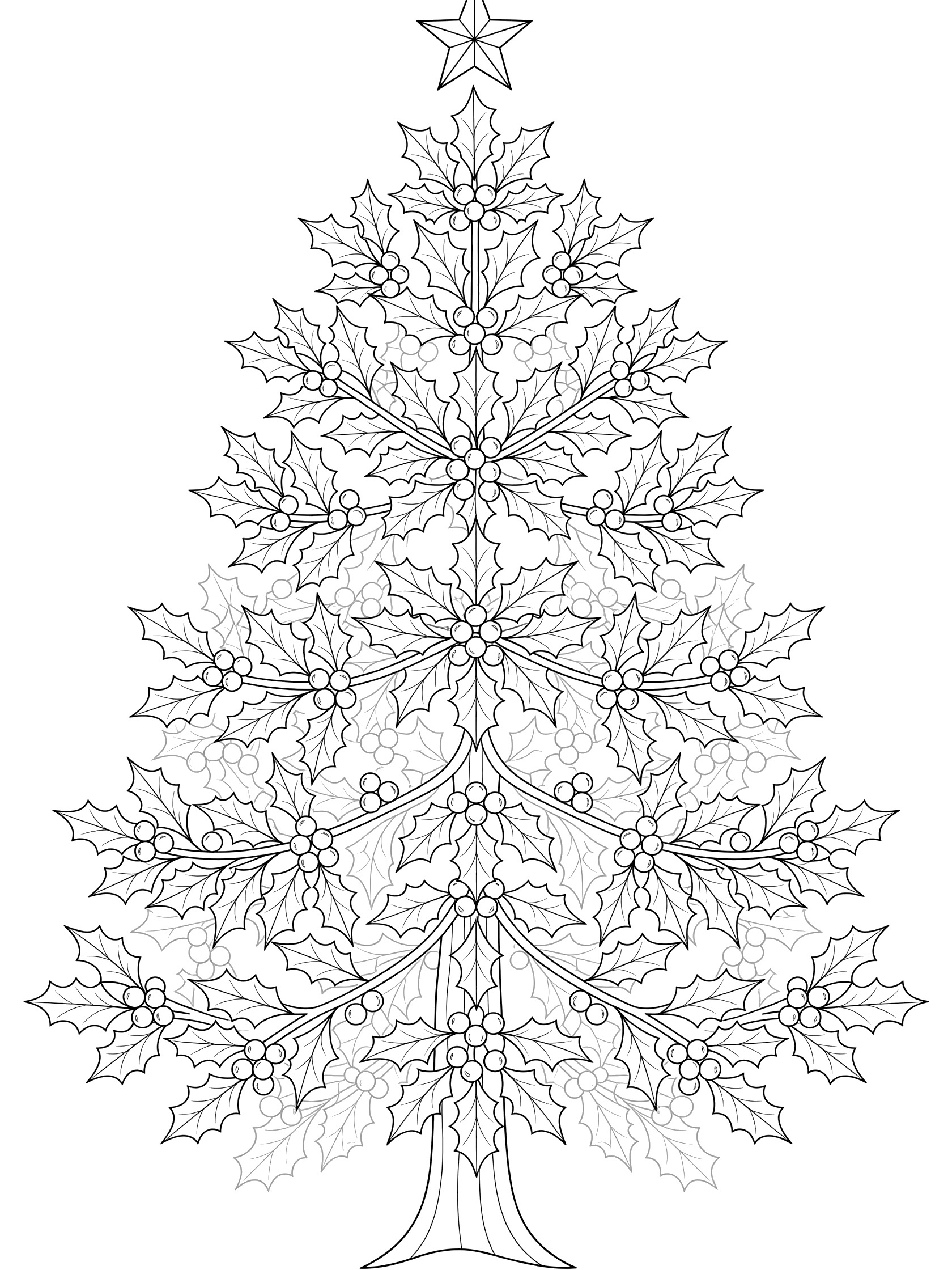 Black and white line art of a Christmas tree with holly leaves and berries in a mandala style, topped with a star.
