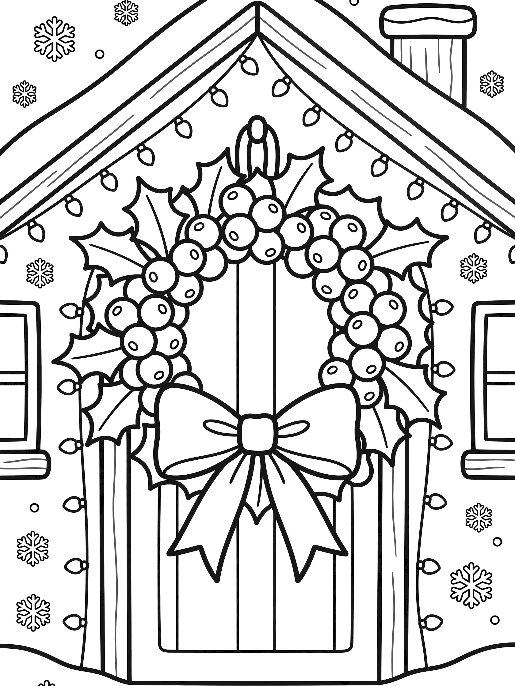 Black-and-white coloring page of a holly berry wreath with spiky leaves and berries on a cottage door, framed by twinkling lights and falling snowflakes.