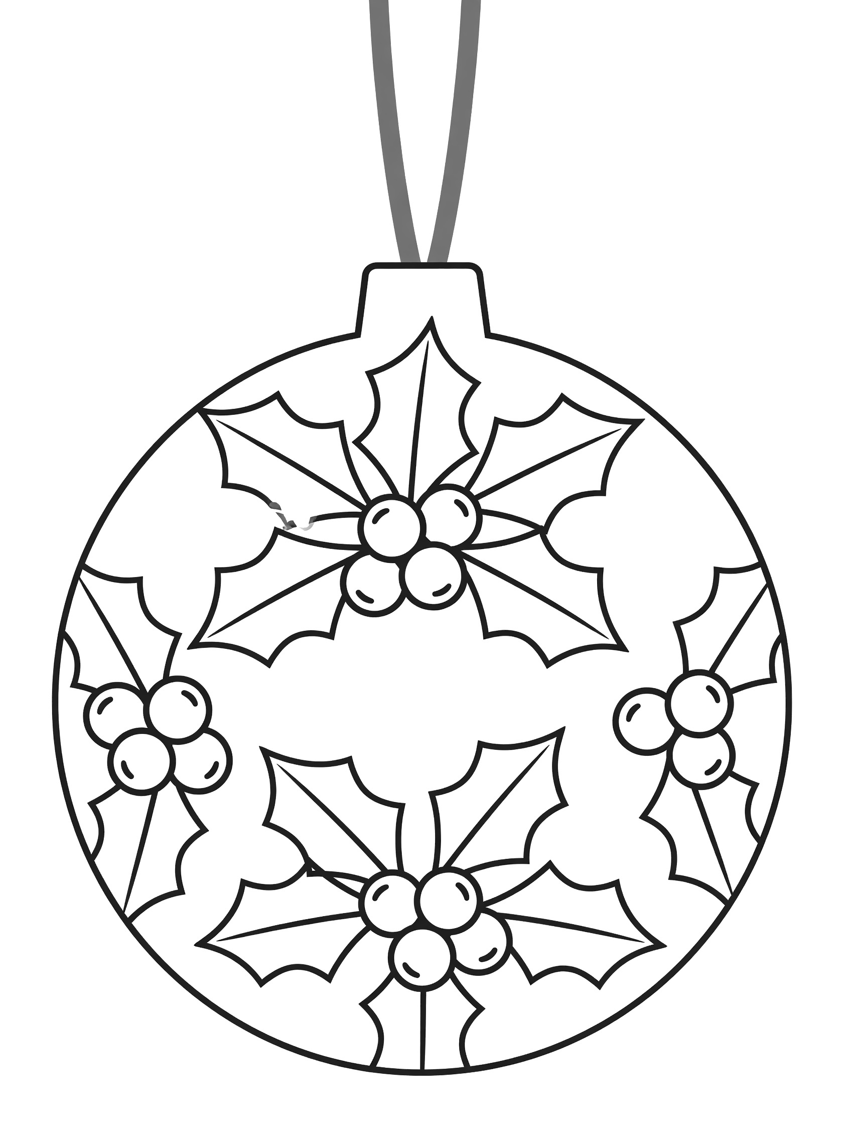 Black and white line art of a round Christmas ornament hanging from a ribbon with holly leaves and berry clusters around it.