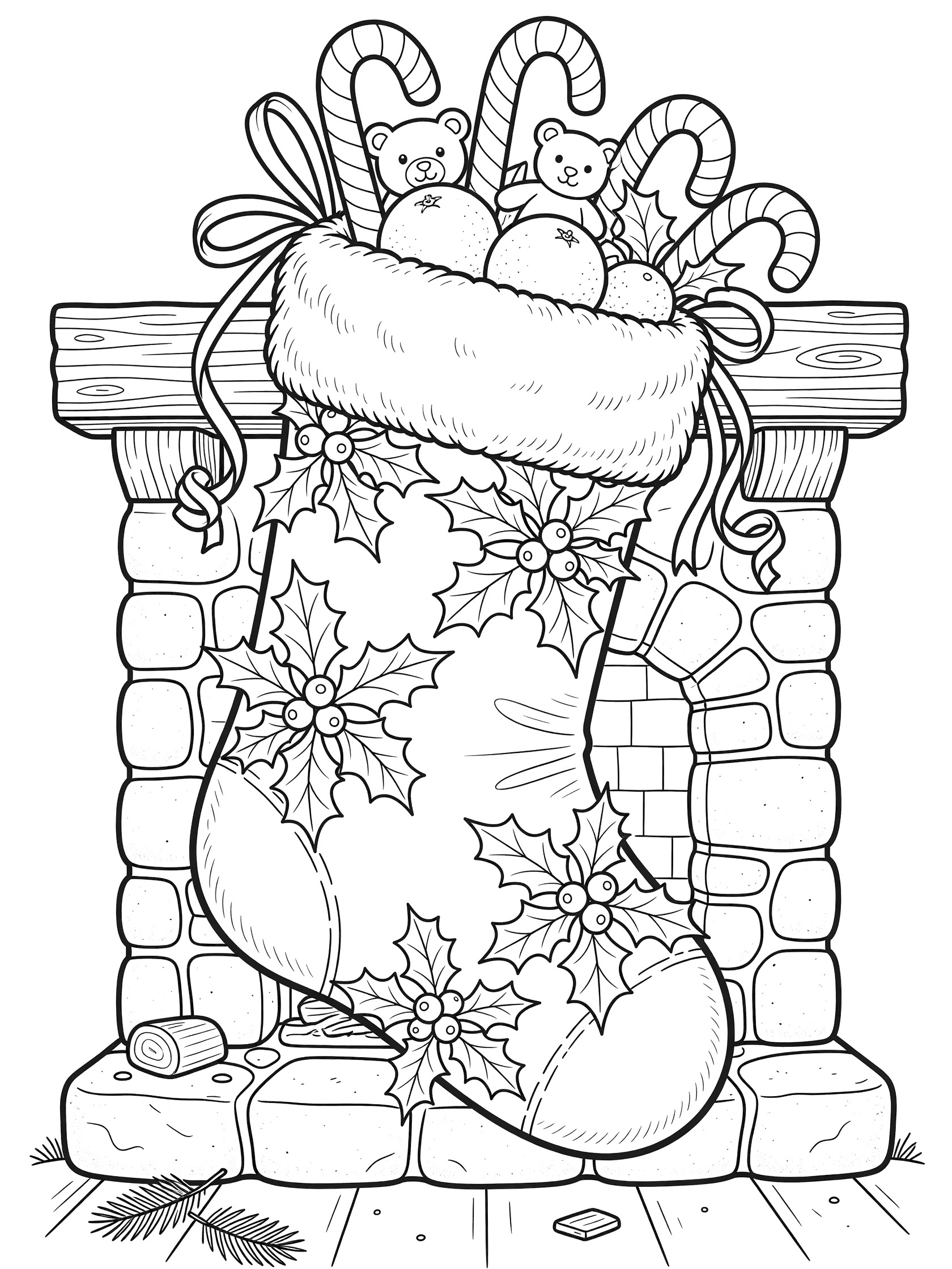 Whimsical line art coloring page showing a large Christmas stocking decorated with holly, bulging with teddy bears, candy canes and oranges, hanging from a wooden mantel above a stone hearth.