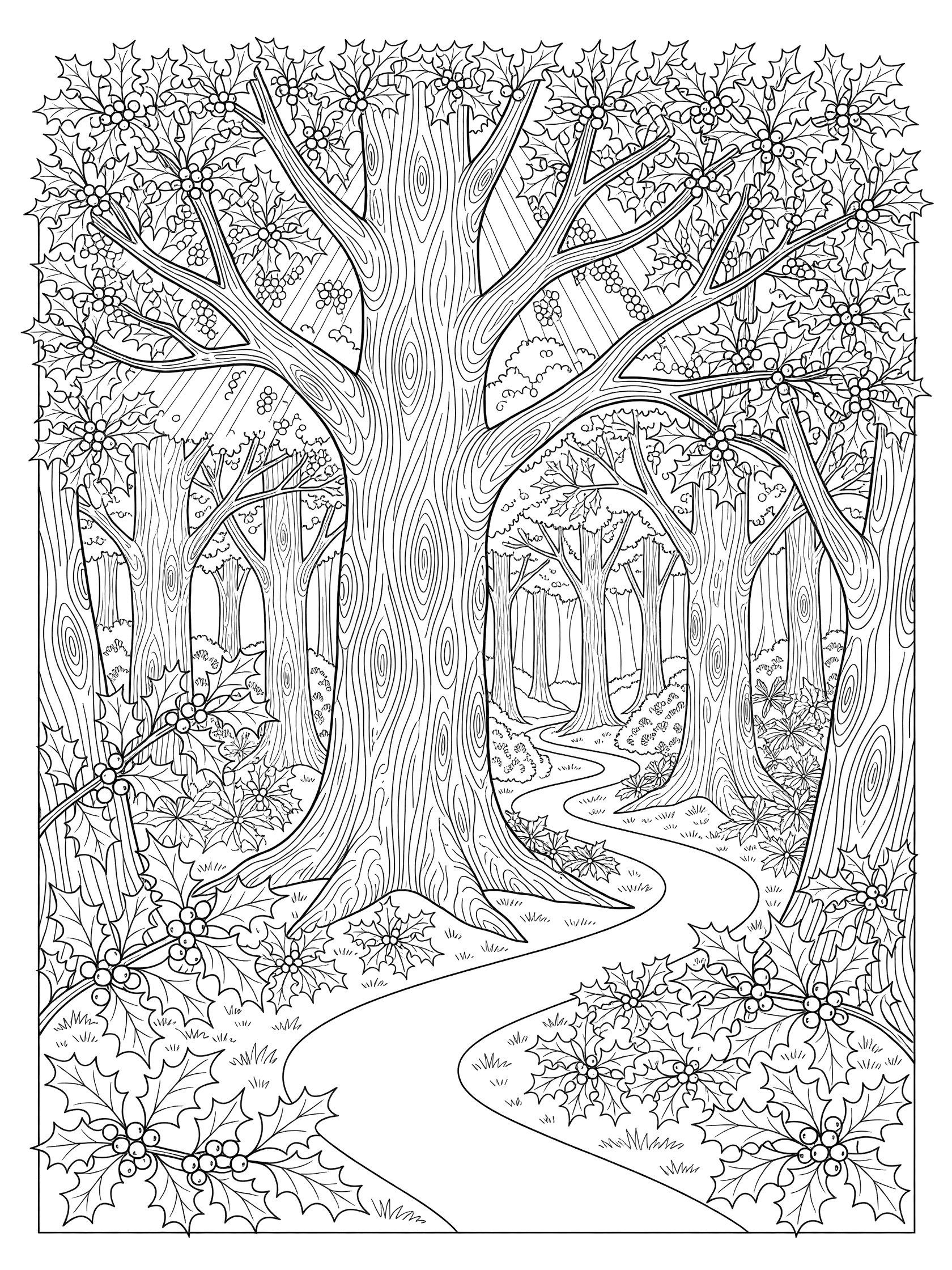 Detailed line art coloring page showing a forest scene with holly leaves, tall trees with textured bark, clustered berries, a curving path, and sunbeams leading to a glade.