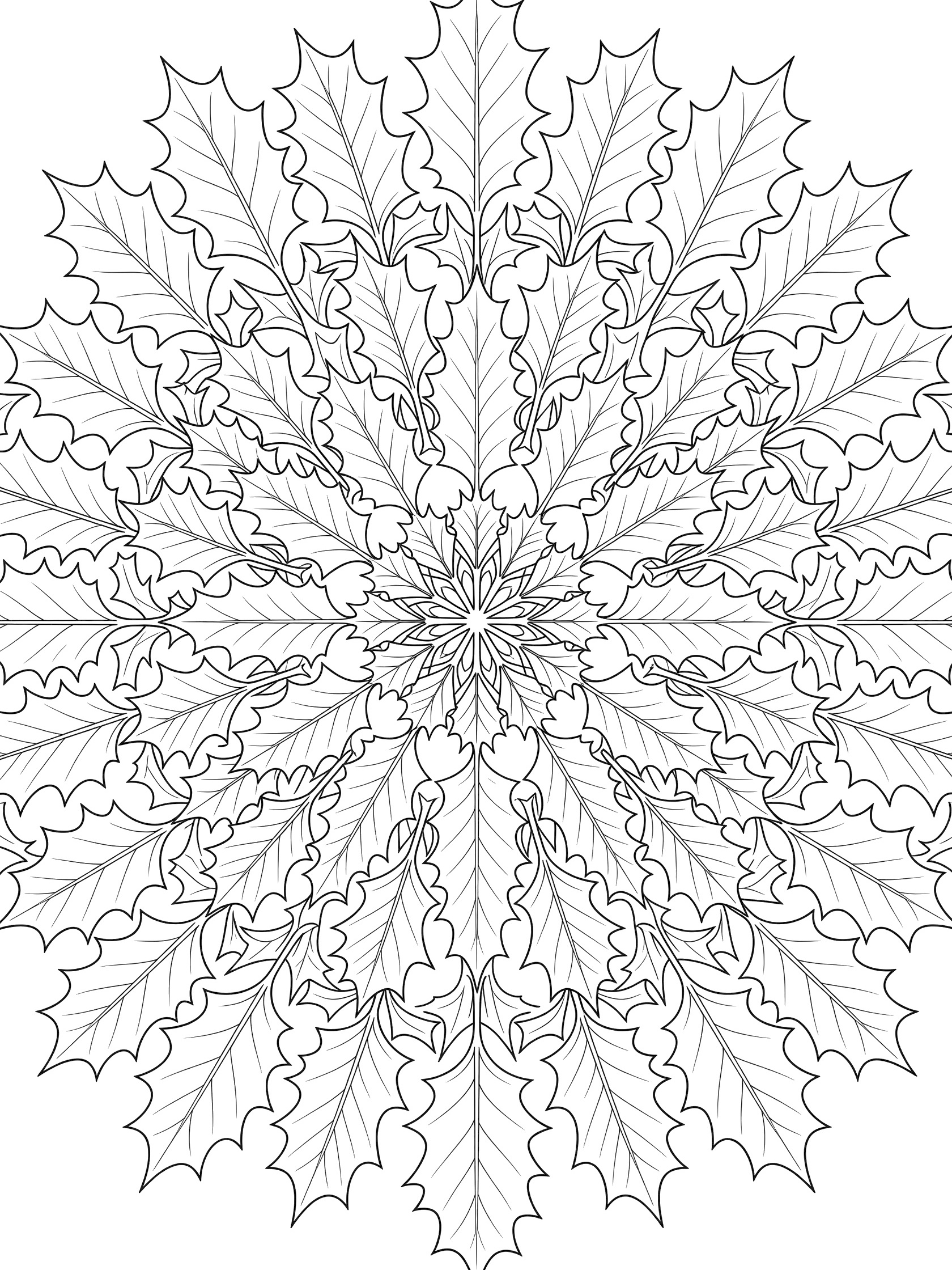Black and white line art coloring page of interlocking holly leaves in a radial mandala pattern with sharp spines and detailed veins.