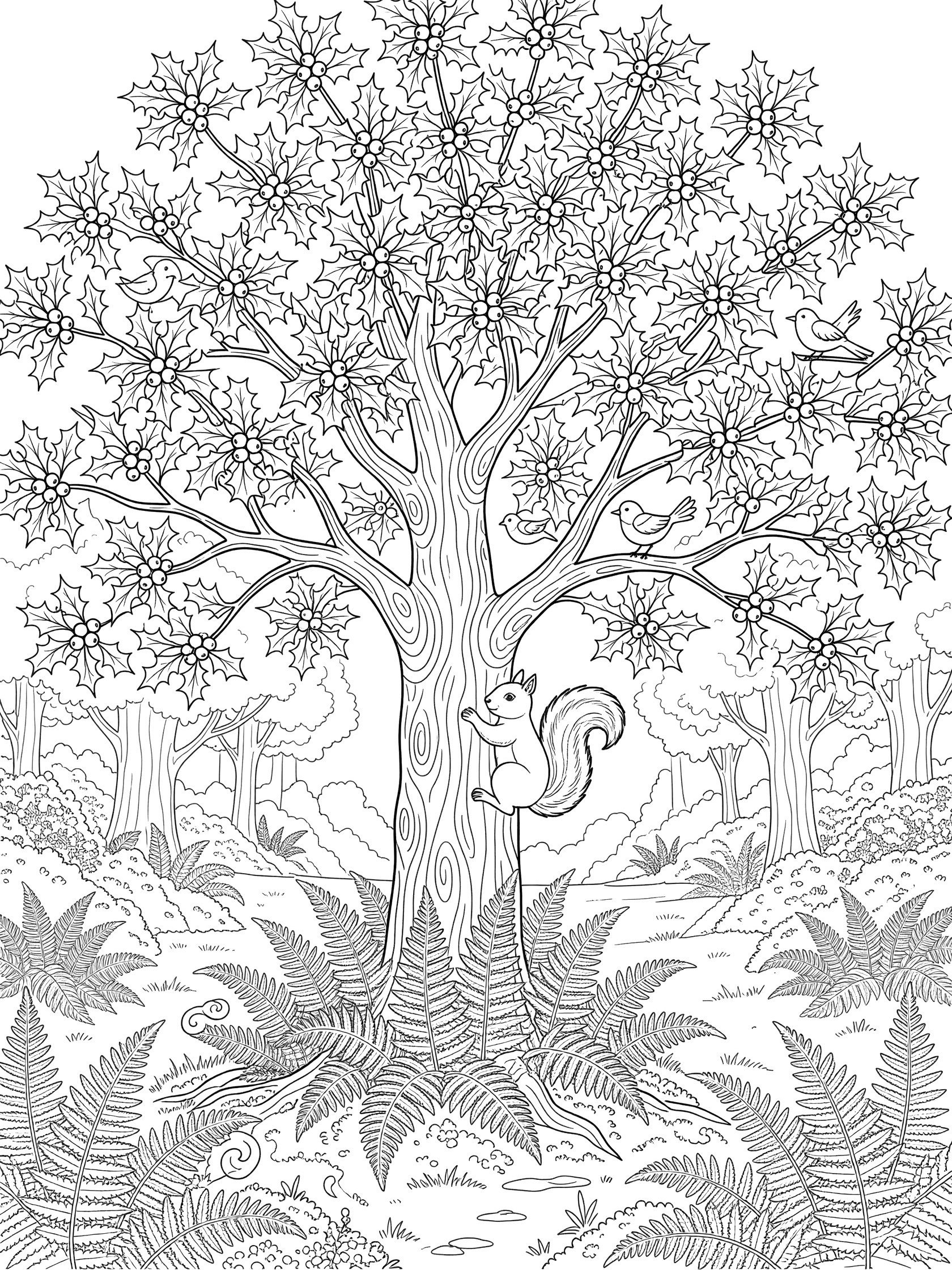 Printable coloring page showing a tall holly leaf tree with spiky leaves, berries, squirrel climbing the trunk, birds on branches, ferns, and forest background.