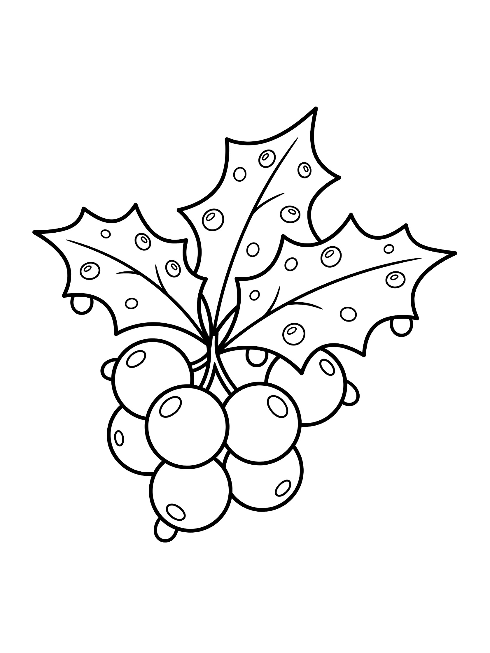 Black and white coloring page of a holly leaf covered in adorable round dew drops on spiky edges with berries below