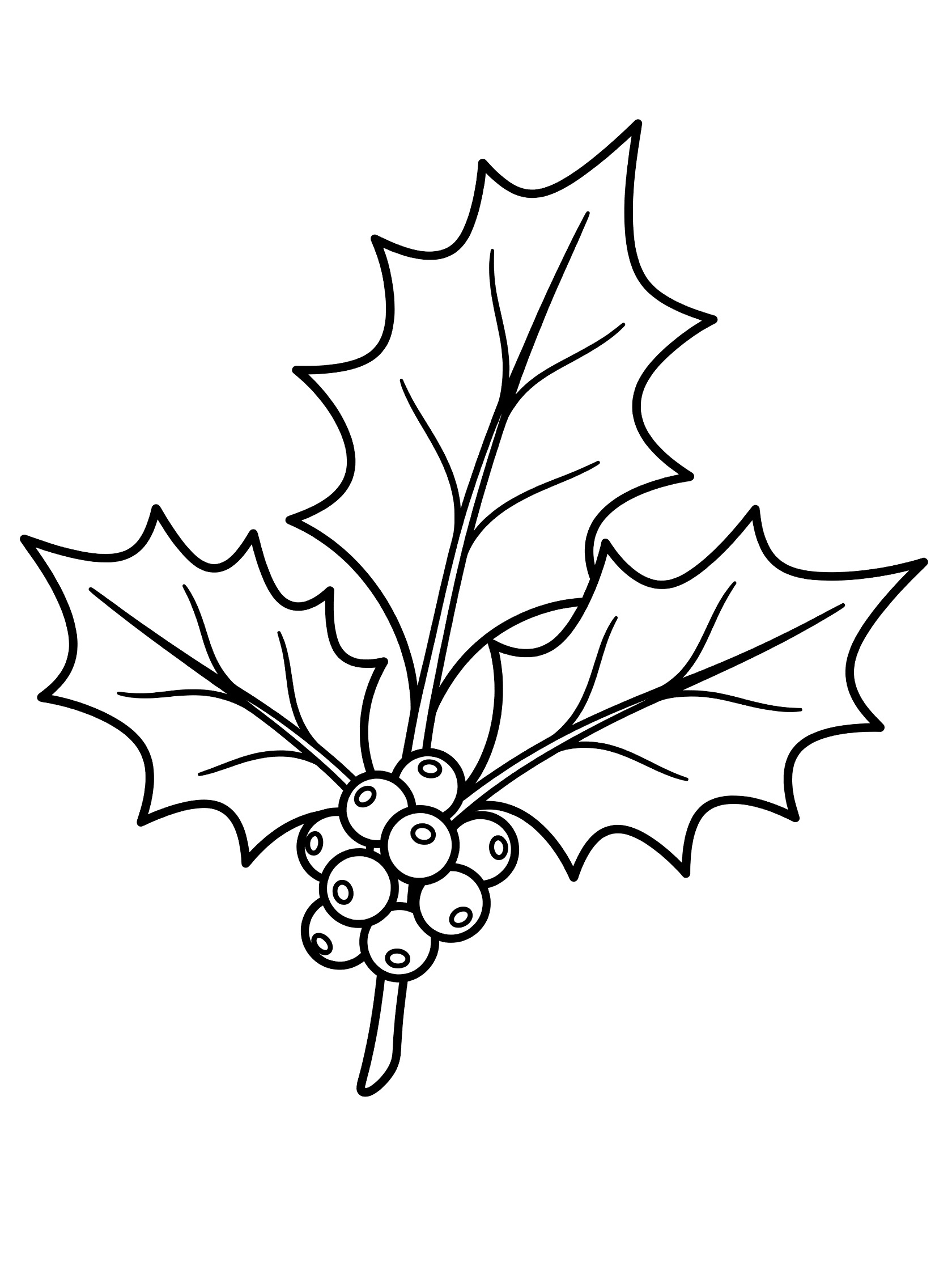 Black and white line art coloring page showing a cluster of three spiky holly leaves with veins and two groups of round berries attached to a thin stem. Holly Leaf themed black and white printable line art
