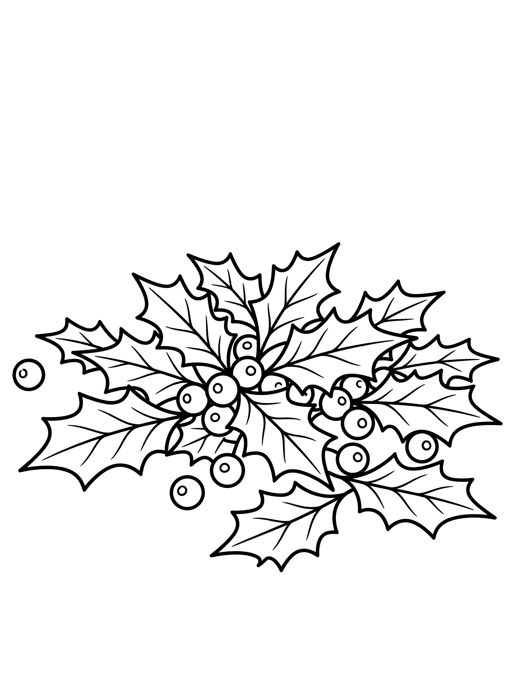 Black and white line art coloring page of holly leaves and berries with thick outlines and white background. Holly Leaf themed black and white printable line art