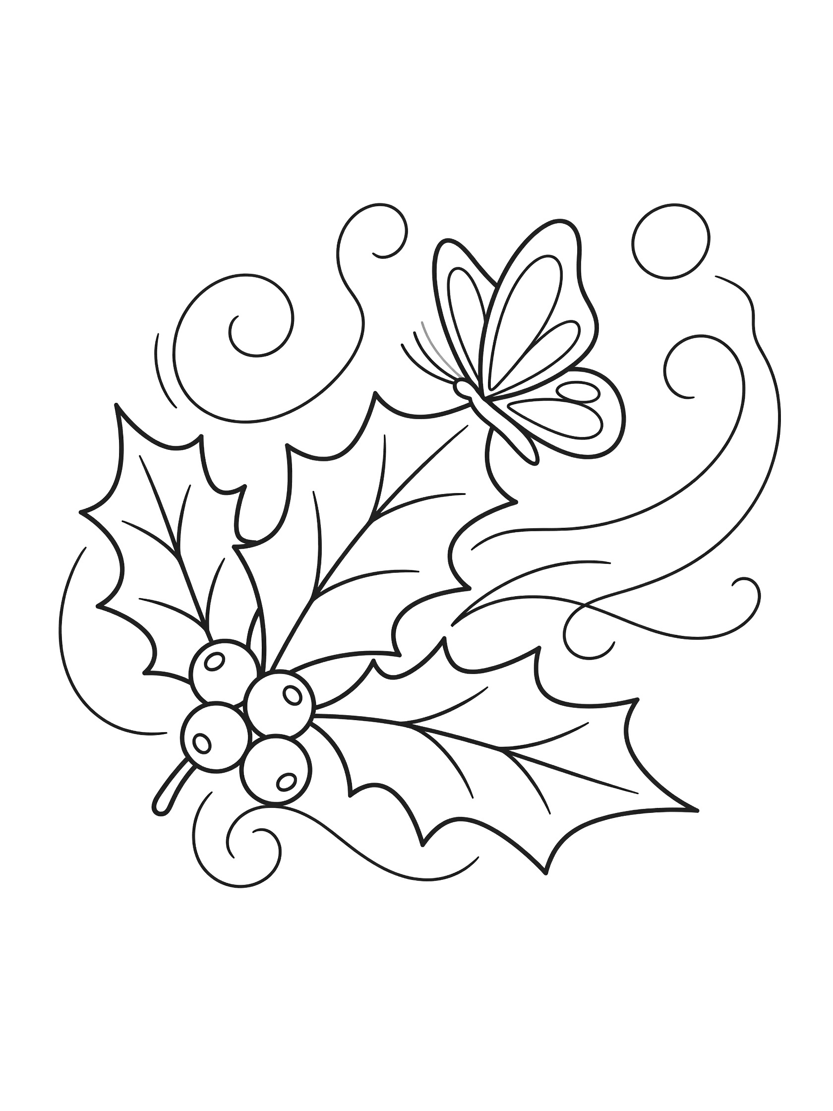 Black and white line art coloring page showing holly leaves with berries, a butterfly perched on a spiky leaf tip, and gentle swirly breeze lines. Holly Leaf themed black and white printable line art