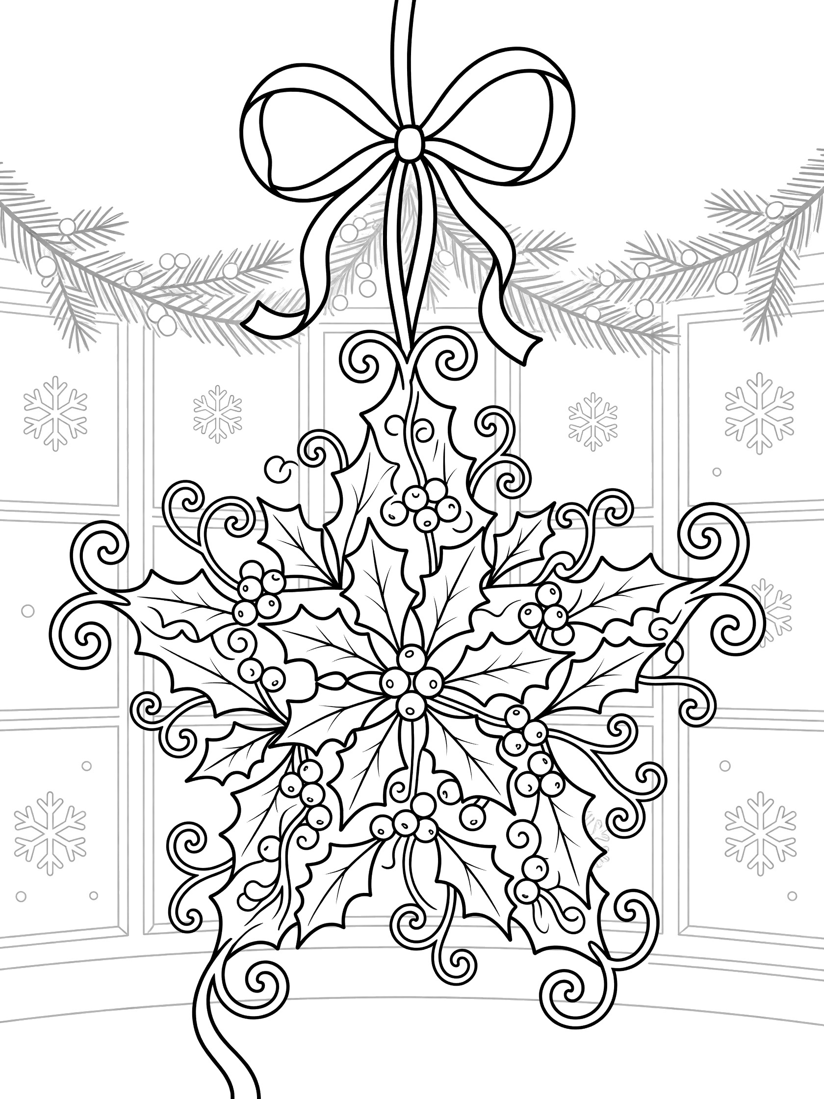 Black and white line art of a large holly star decoration hanging from a curly ribbon, with holly leaves, berries, snowflakes on window panes, and pine branches.