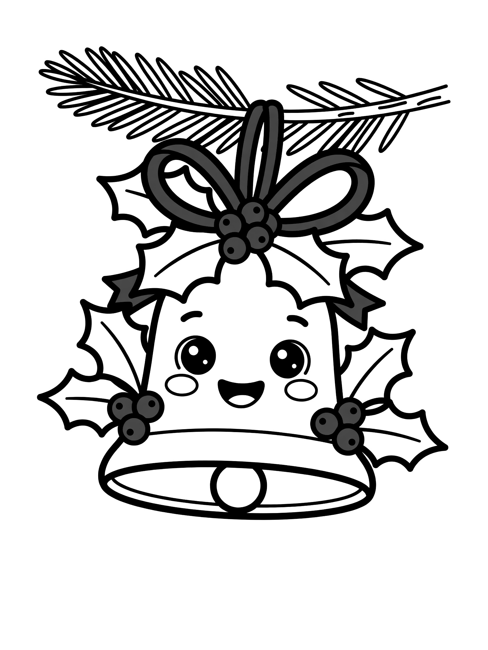 Kawaii Christmas bell with big eyes and smile, wrapped in holly and berries, on a pine branch with red ribbon coloring page