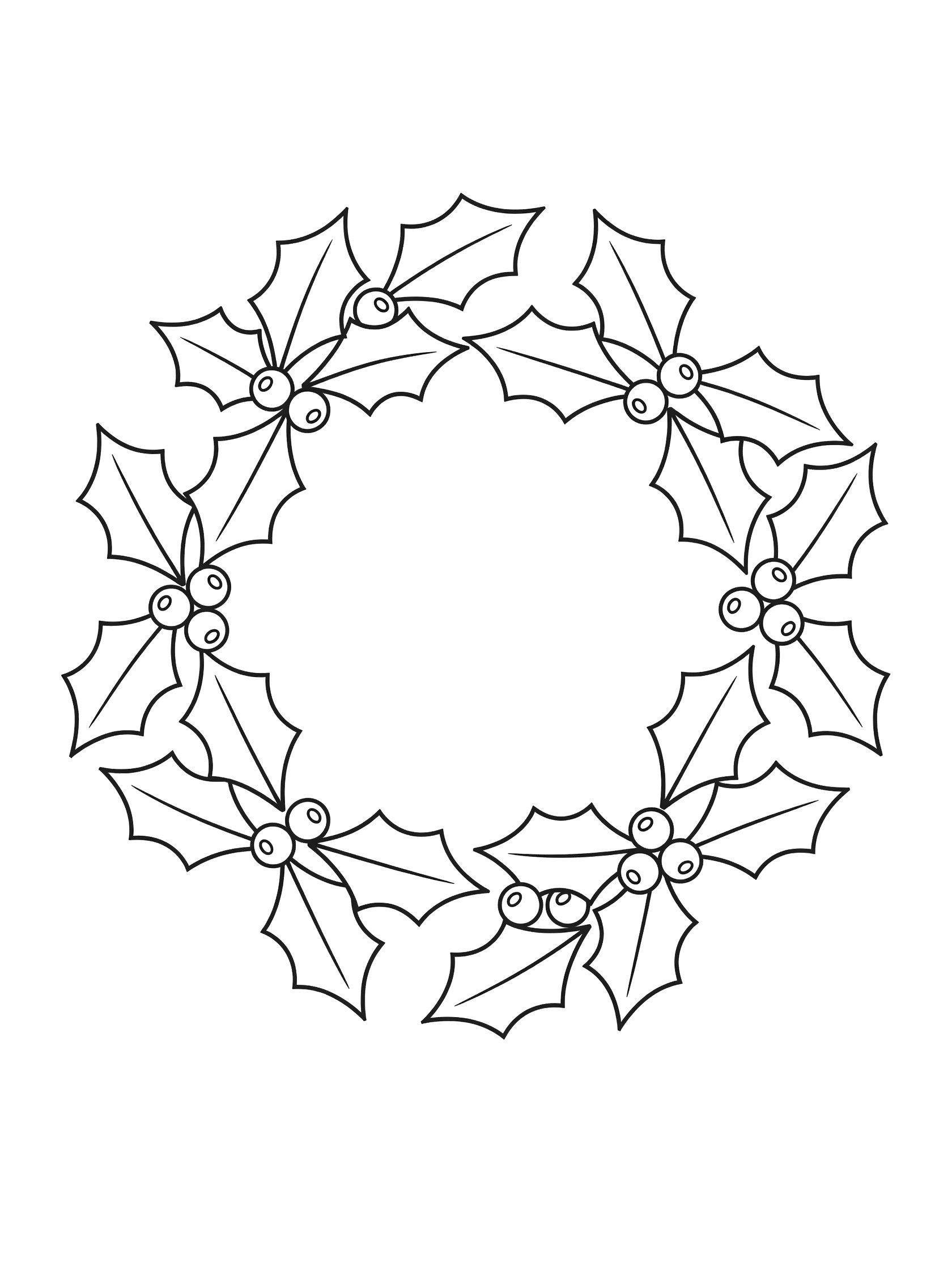Black and white line art of a round holly wreath with pointy leaves and round berries, coloring book style. Holly Leaf themed black and white printable line art