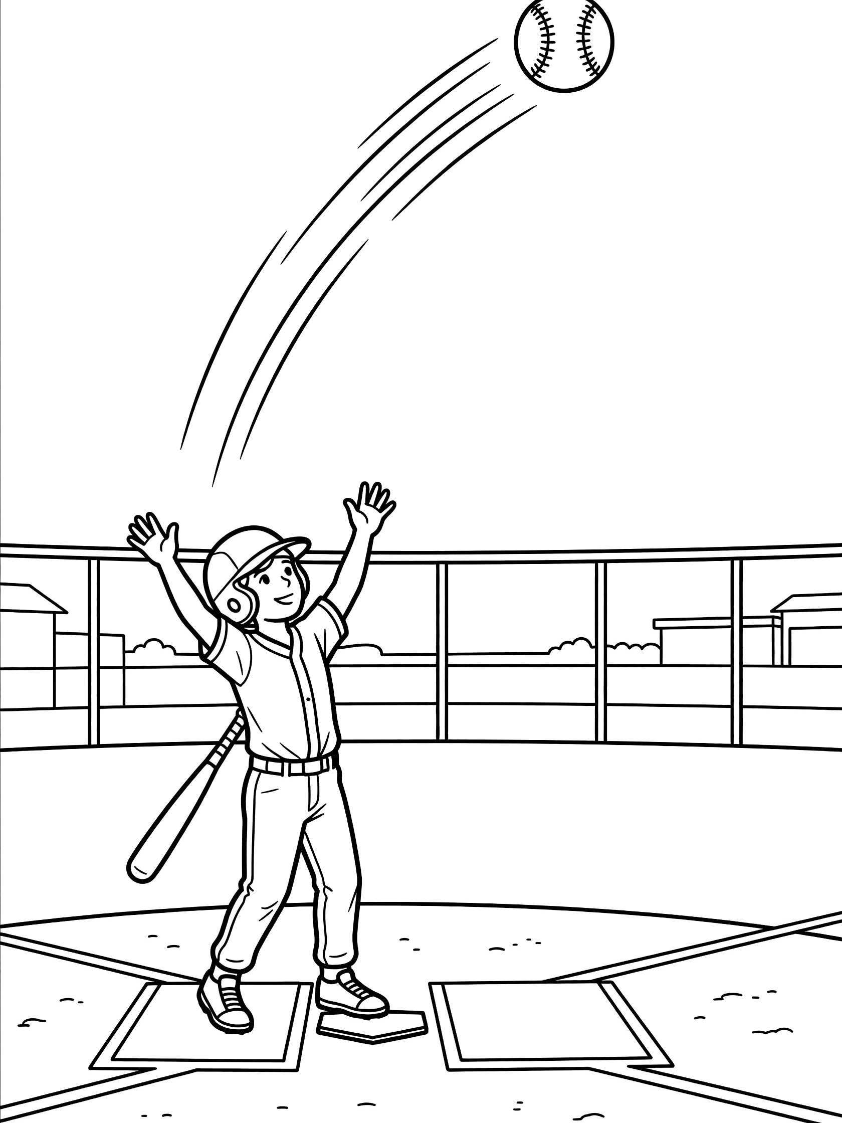 Black and white line art of a home run in baseball: ball flying high over fence with motion lines, batter celebrating at home plate.