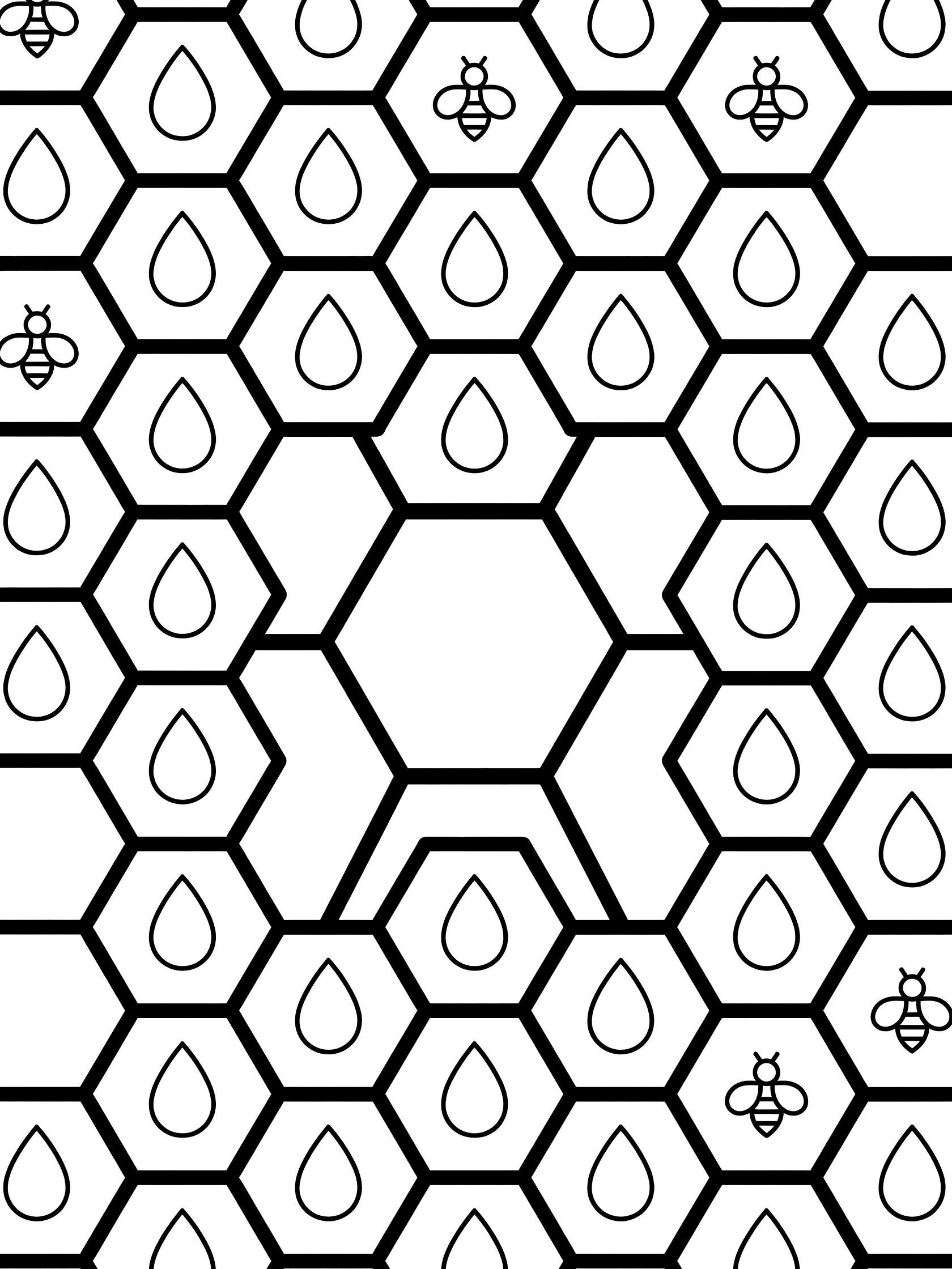 Black and white line art of interconnected hexagons forming a beehive with honey drops in cells and simple bees flying around