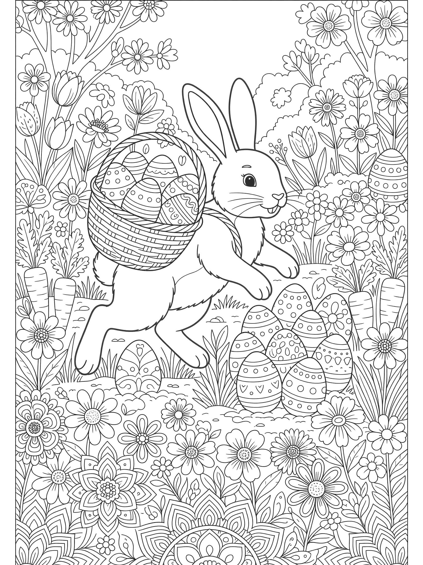 Black and white line art of an Easter bunny mid-hop carrying a basket full of eggs in a spring garden with flowers, carrots, and more eggs for Easter Bunny Puns coloring.