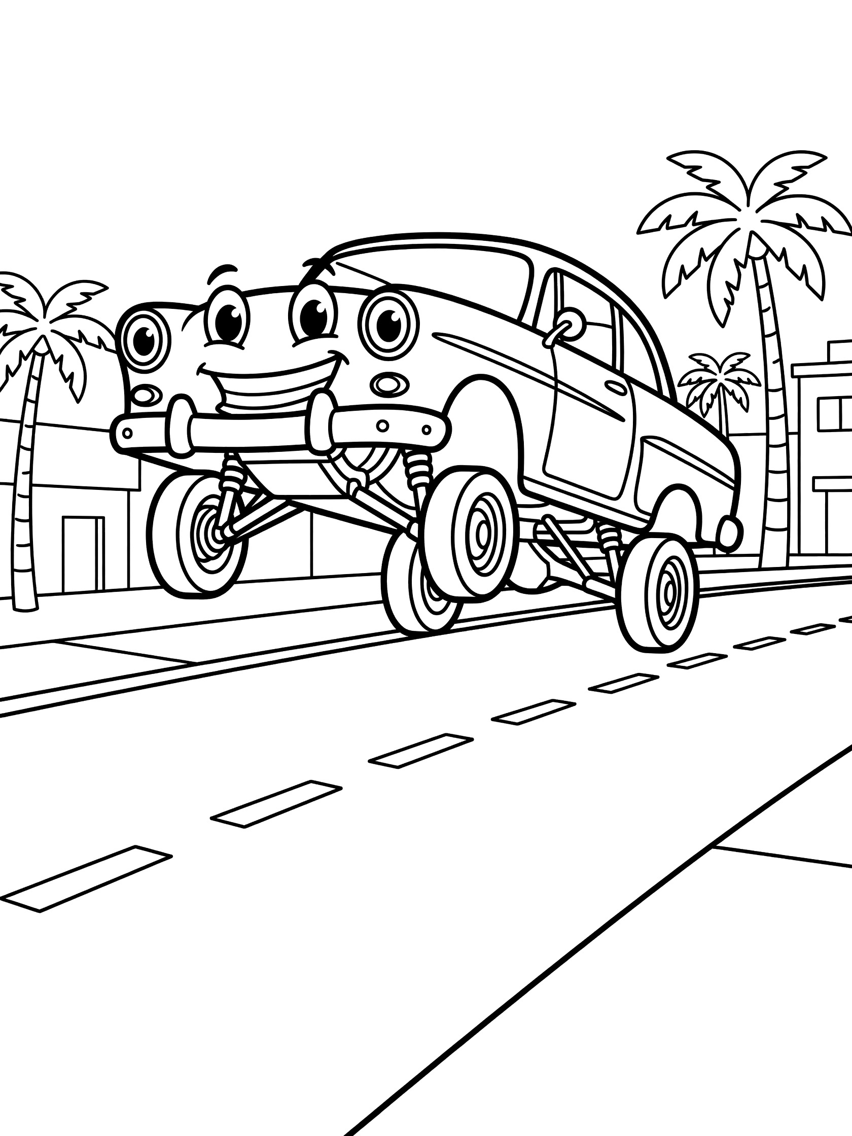 Cartoon lowrider car with happy eyes and smile hopping high off the ground on a sunny street with palm trees and dashed road lines