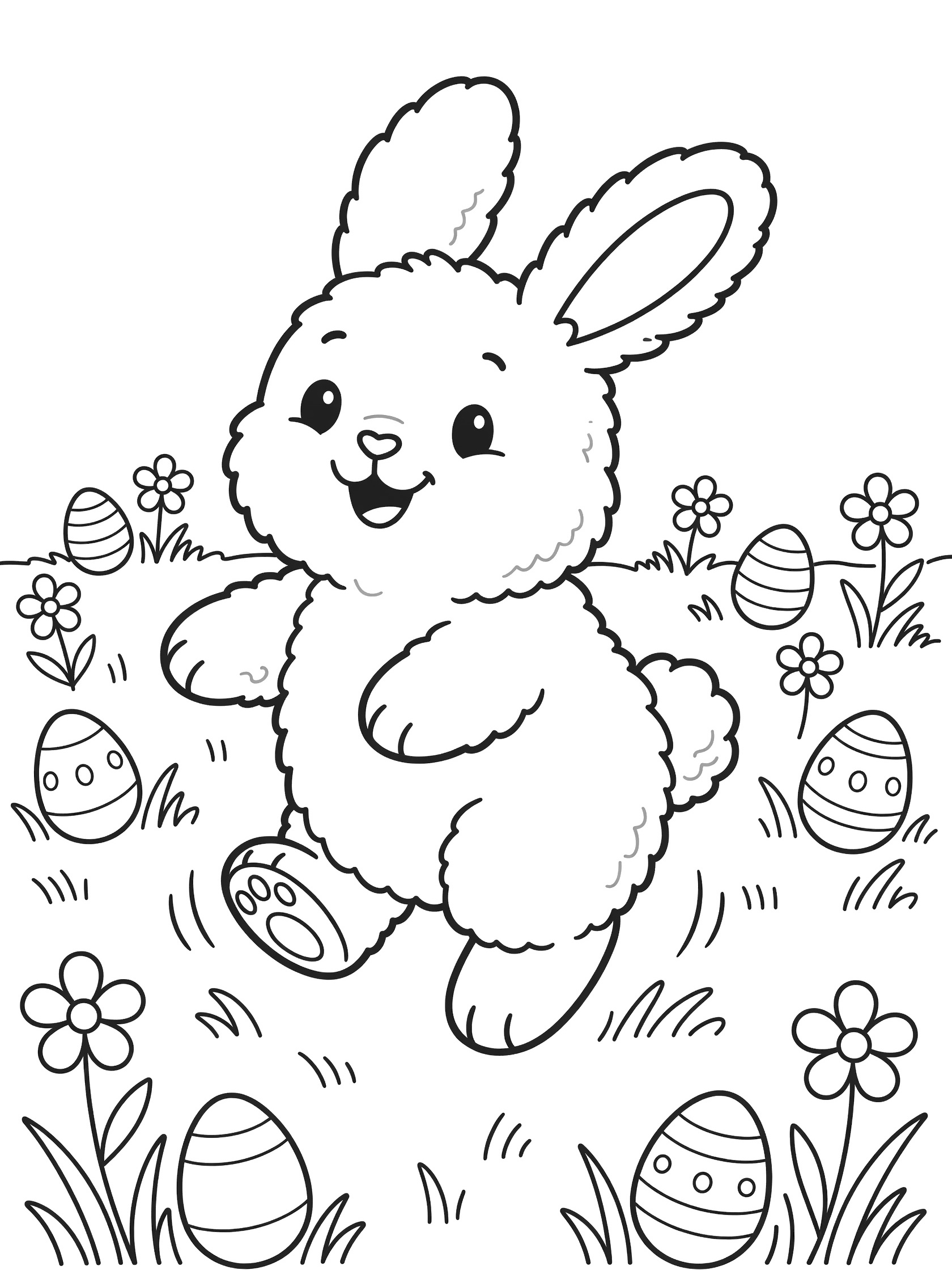 Cute fluffy Peeps marshmallow bunny hopping happily in a spring meadow with scattered Easter eggs, simple flowers, grass and motion lines, line art coloring page