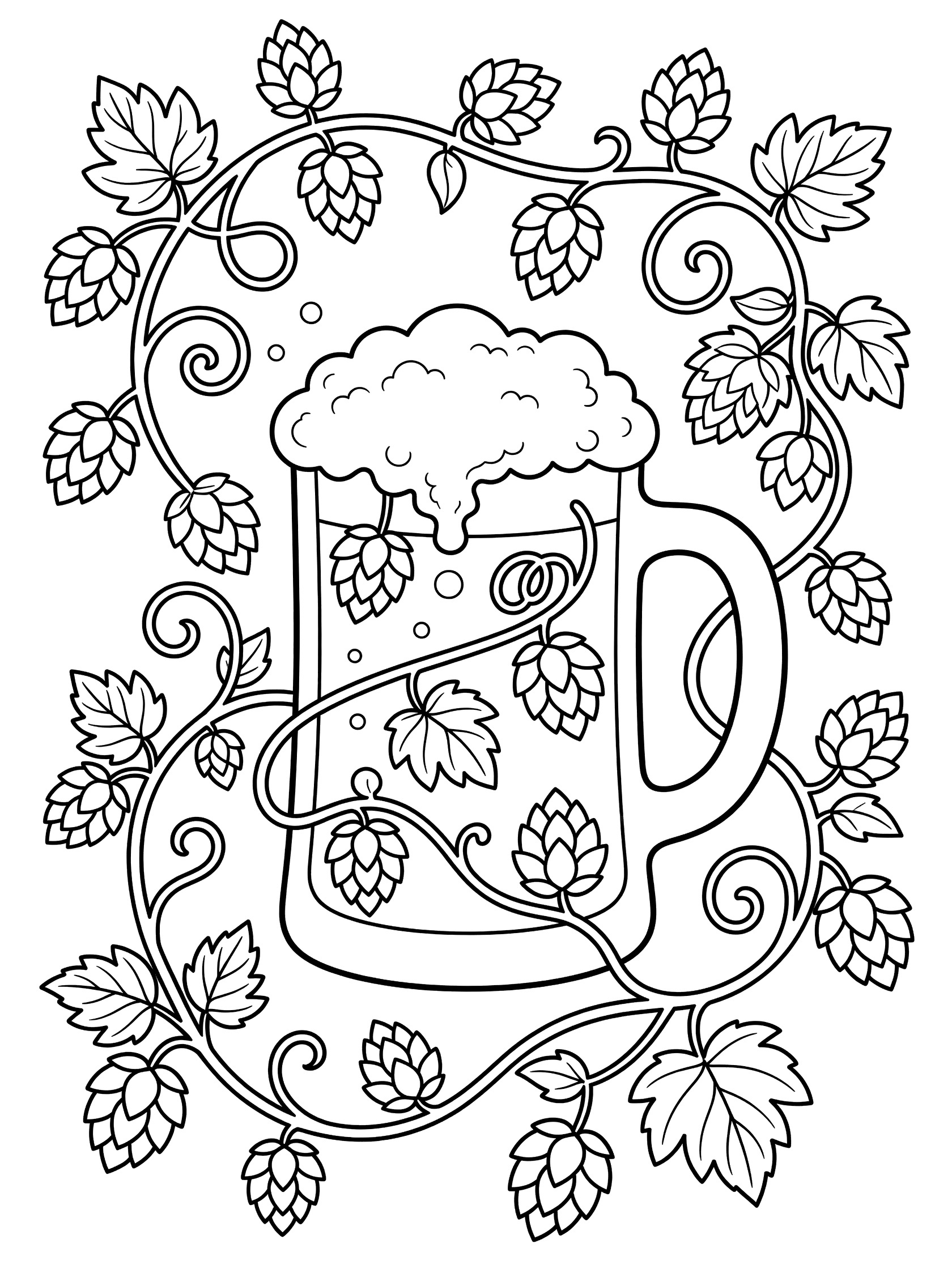 Black and white line art coloring page showing a tall beer mug with foam on top, handle on the side, wrapped in curly hops vines with leaves and cone flowers.