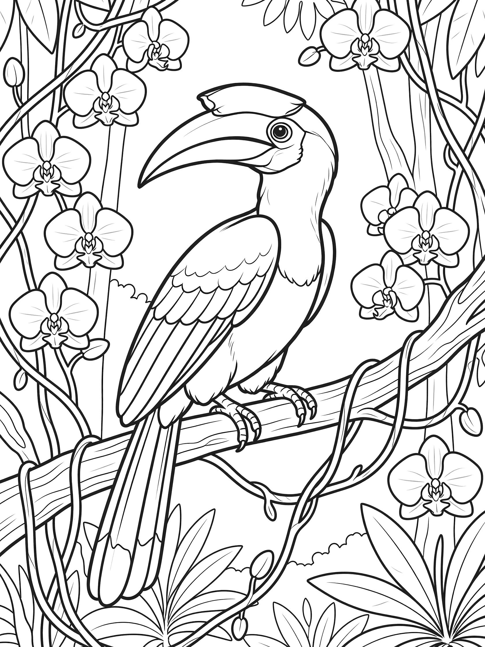 Black and white line art coloring page showing a hornbill bird with big beak on a branch, orchids, vines and leaves in jungle style. Asia Forests themed black and white printable line art