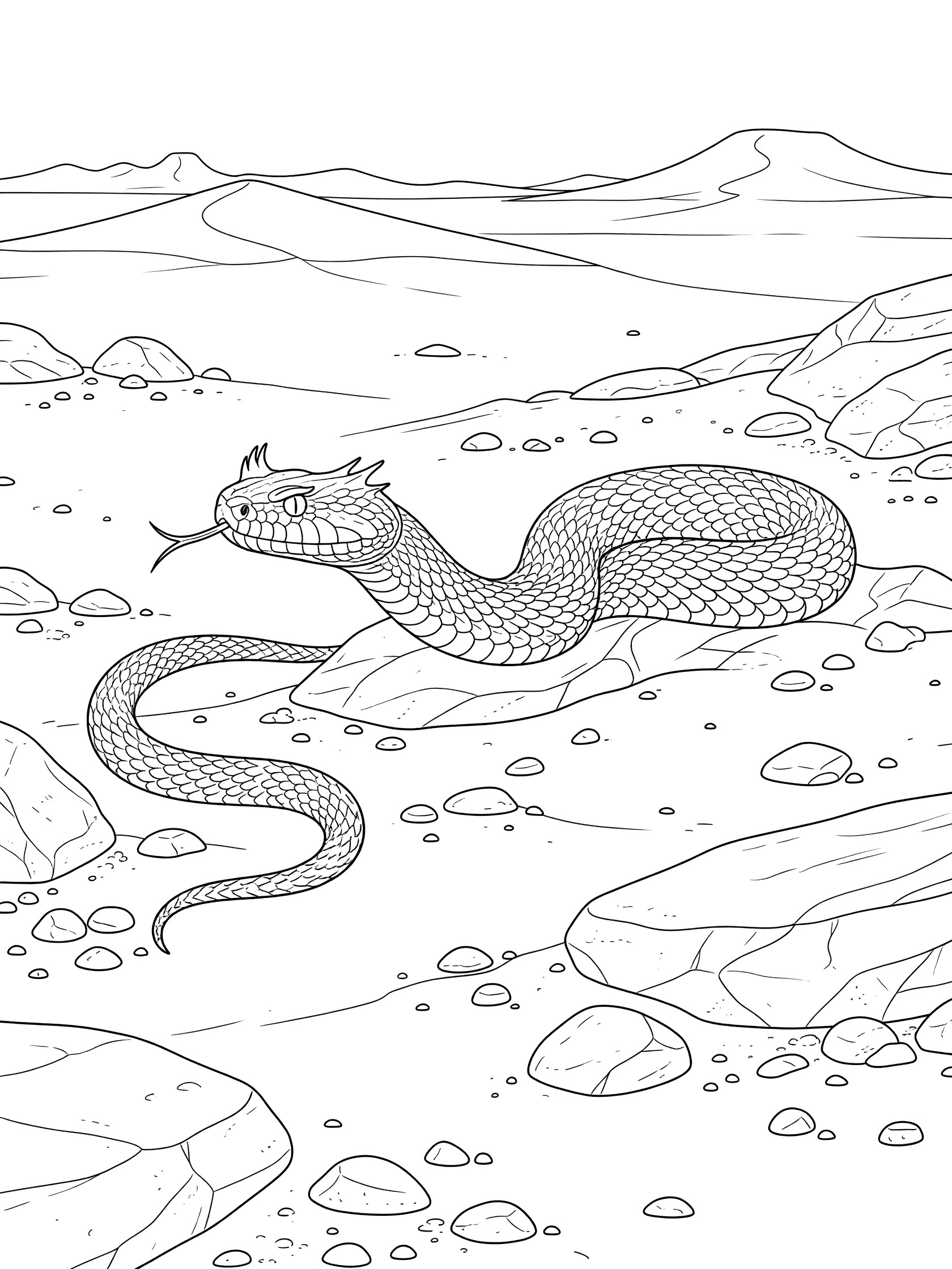 Black-and-white coloring page of a horned viper snake coiled and slithering across Sahara Desert rocks with distant mountains.