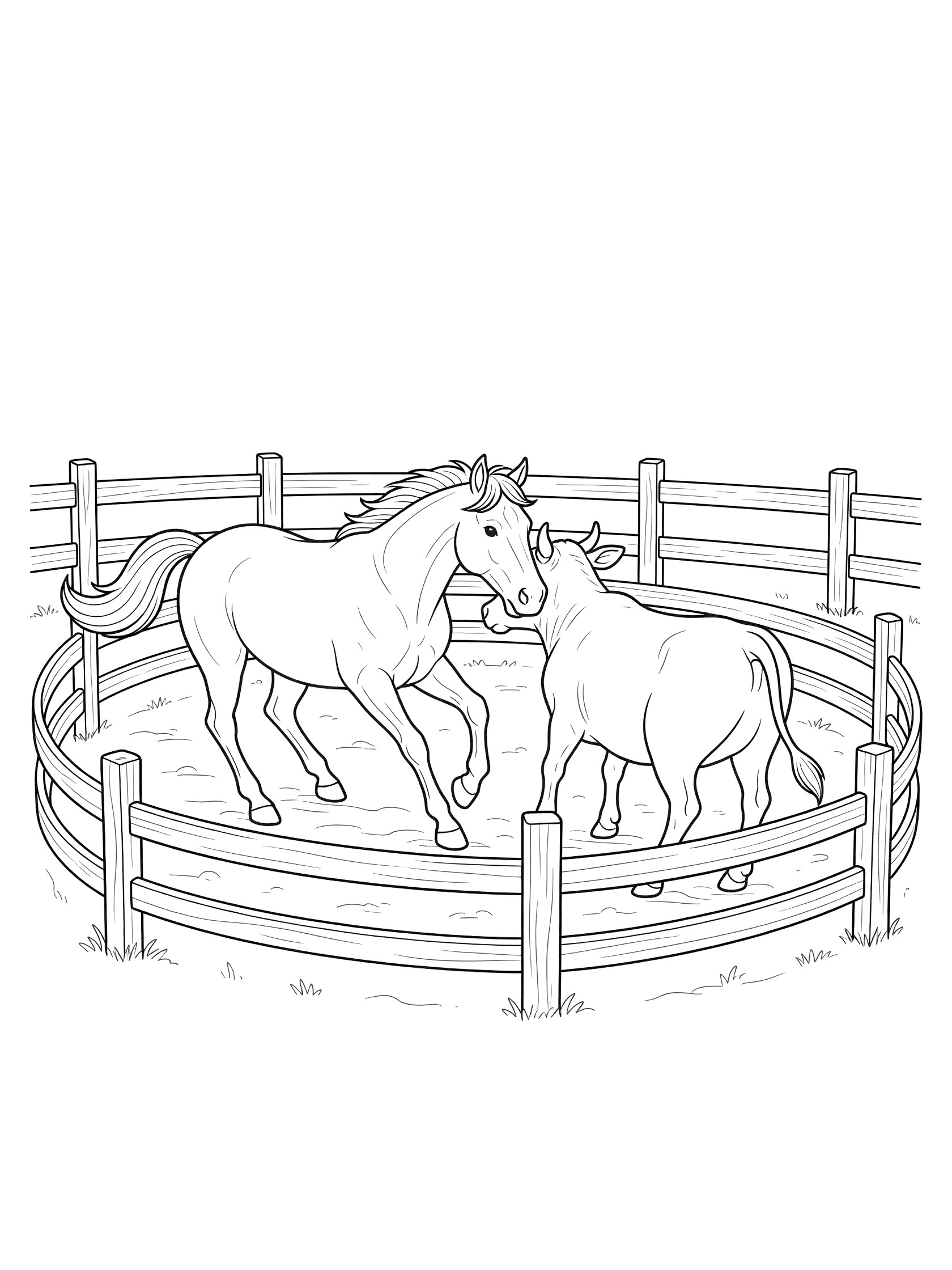 Black and white line art coloring page showing a horse next to a calf in a round wooden corral with fence posts and ground. Rodeo themed black and white printable line art