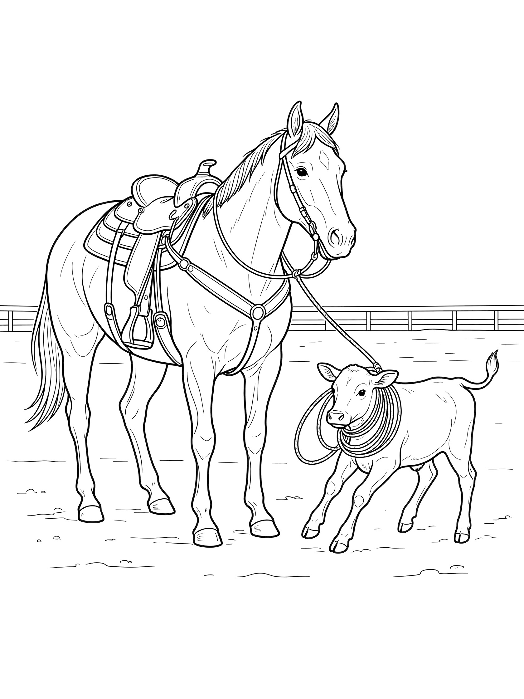 Black and white line art coloring page showing a horse wearing a saddle and reins standing beside a small calf with a lasso rope around it, near a wooden fence. Rodeo themed black and white printable line art
