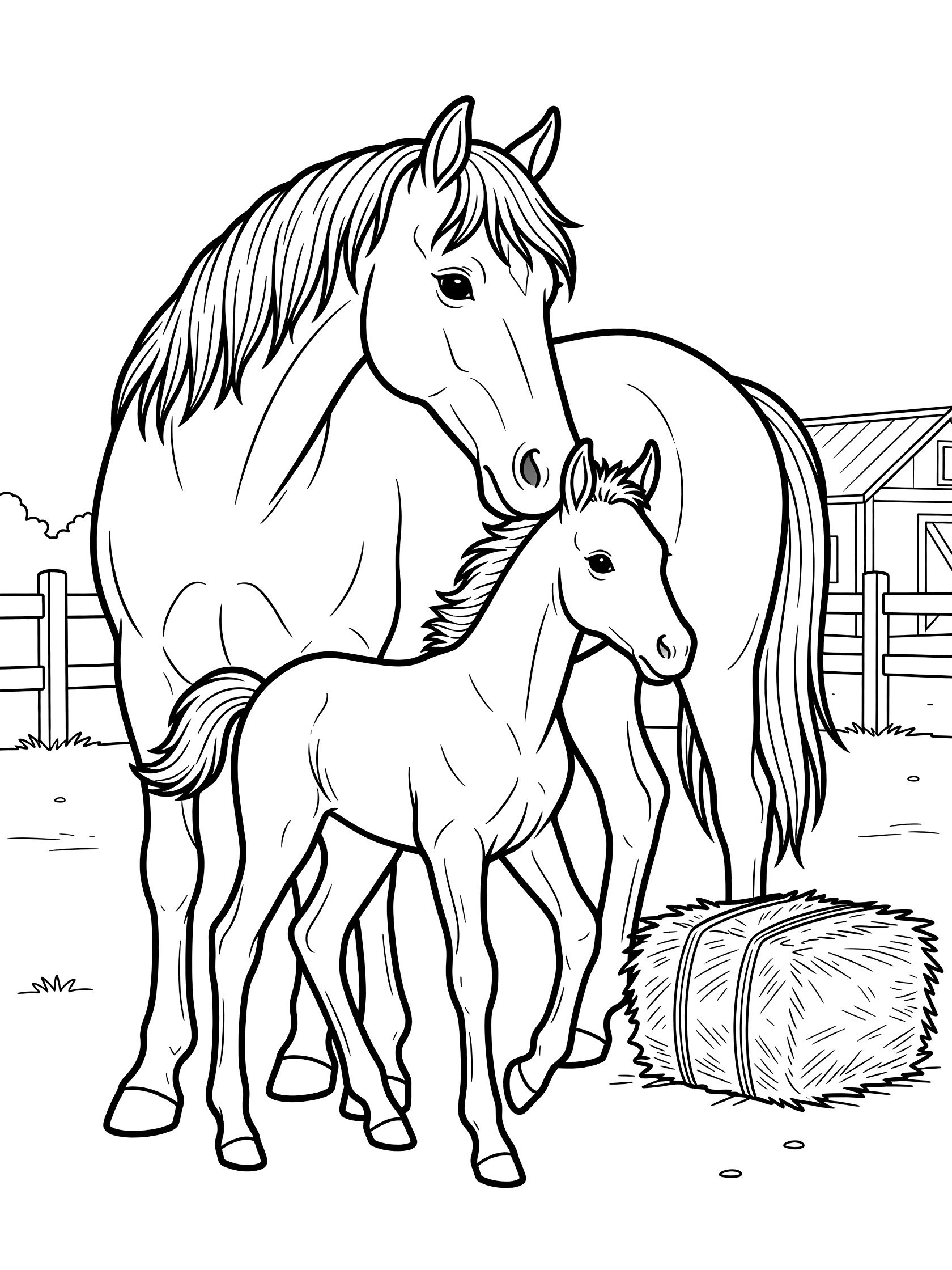 Black and white coloring page of a mother horse nuzzling her foal near a barn, fence, and hay bale on a farm. Thoroughbred themed black and white printable line art