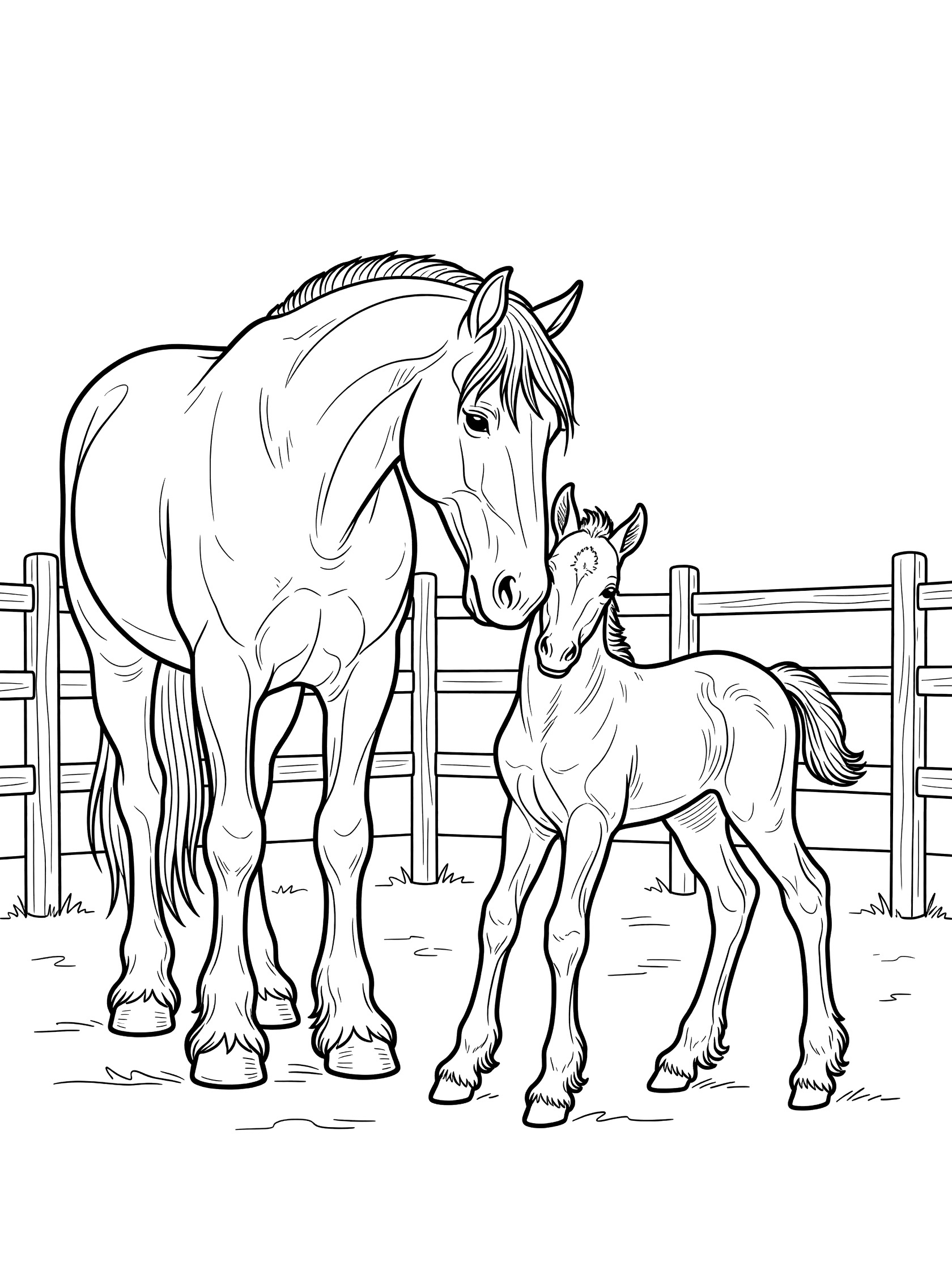 Black and white coloring page of a large horse with fluffy legs nuzzling a small foal beside a wooden fence with posts. Clydesdale themed black and white printable line art