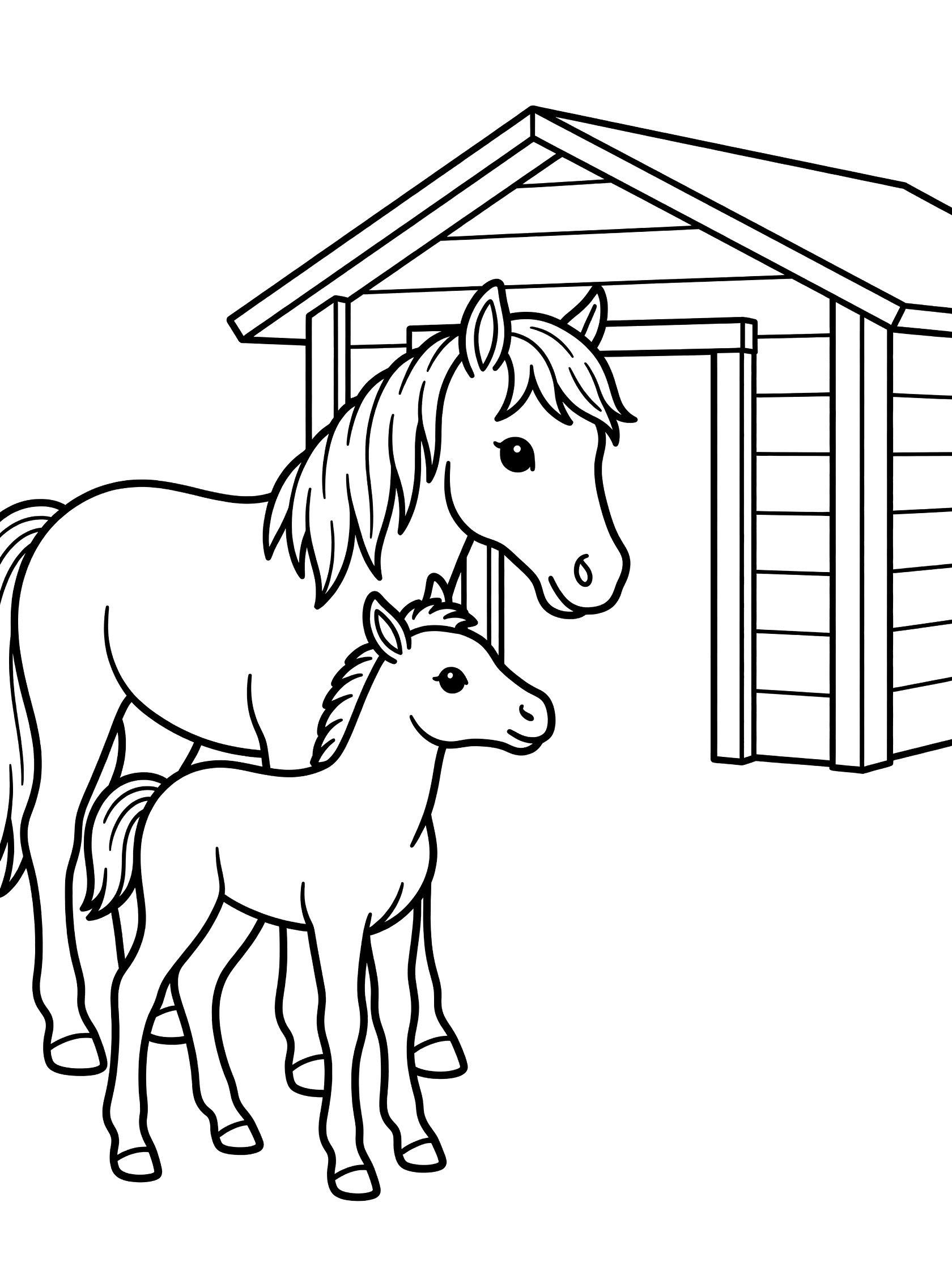 Black and white line art coloring page showing a horse nuzzling its foal next to a wooden barn with open door. Pony themed black and white printable line art