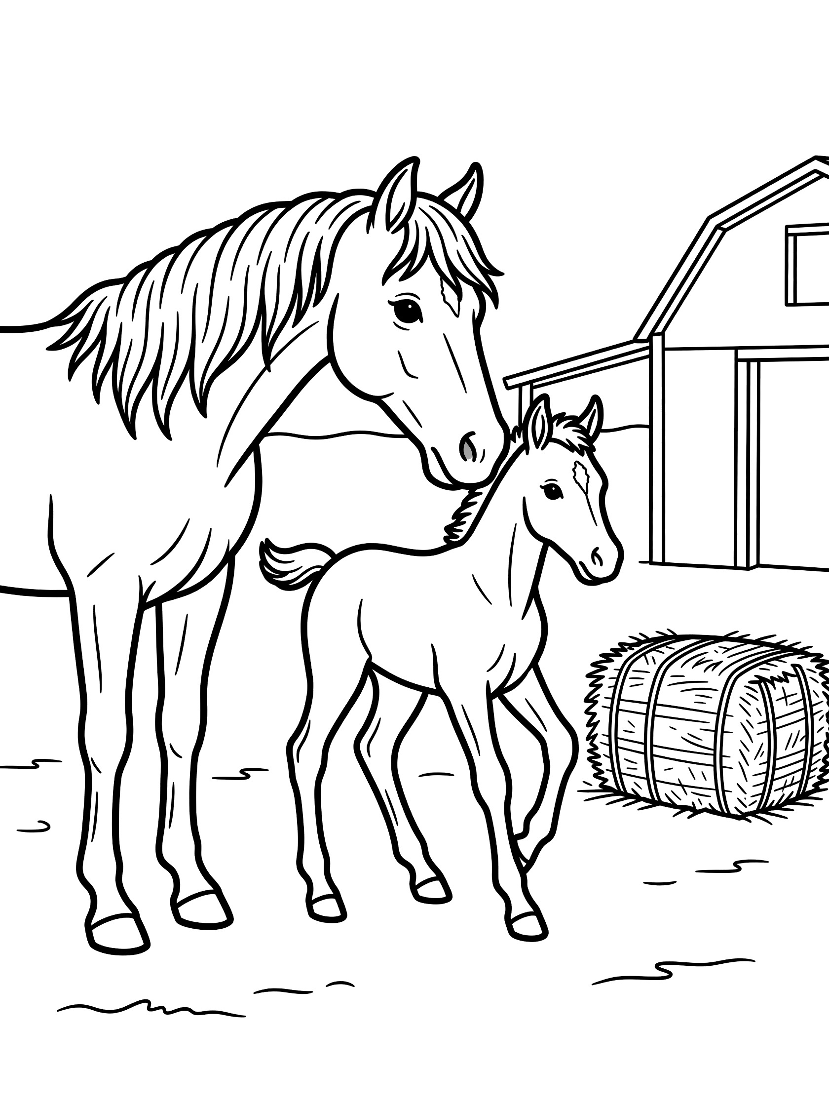 Black and white line art coloring page showing a horse nuzzling a foal beside a barn and hay bale. Thoroughbred themed black and white printable line art